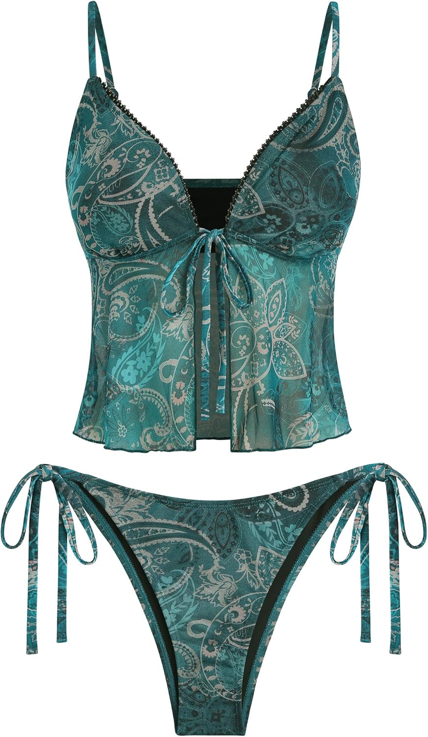 ZAFUL Tankini Swimsuits for Women Lace Trim Tie Front Textured High Cut Tanga Tankini Set