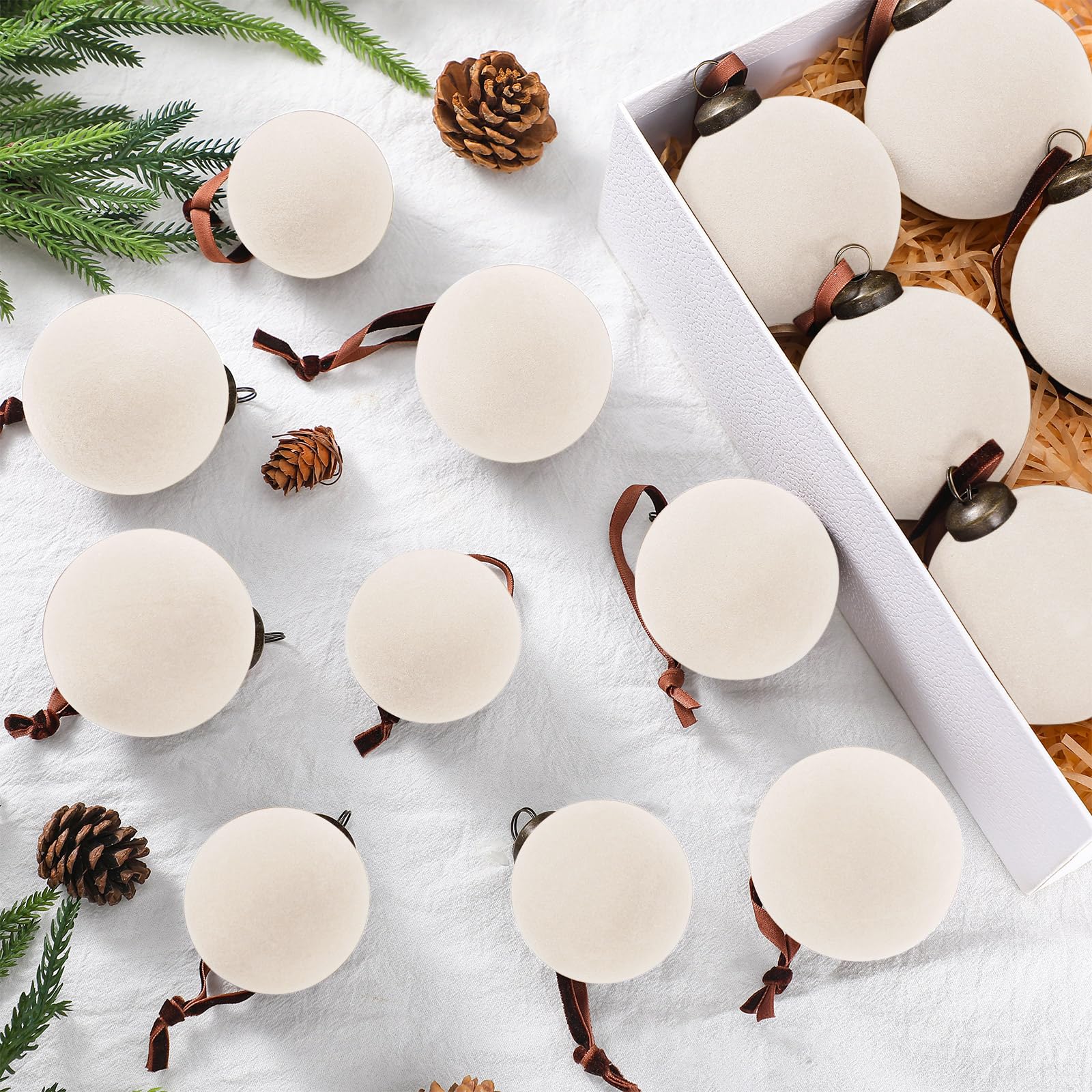 Foilswirl 18 Pcs Velvet Christmas Balls Bulk 3.15, 2.76, 2.36 Inch, Flocked Xmas Tree Ball Ornaments Plastic Velvet Christmas Ornaments Xmas Tree Hanging Decoration(Cream White)