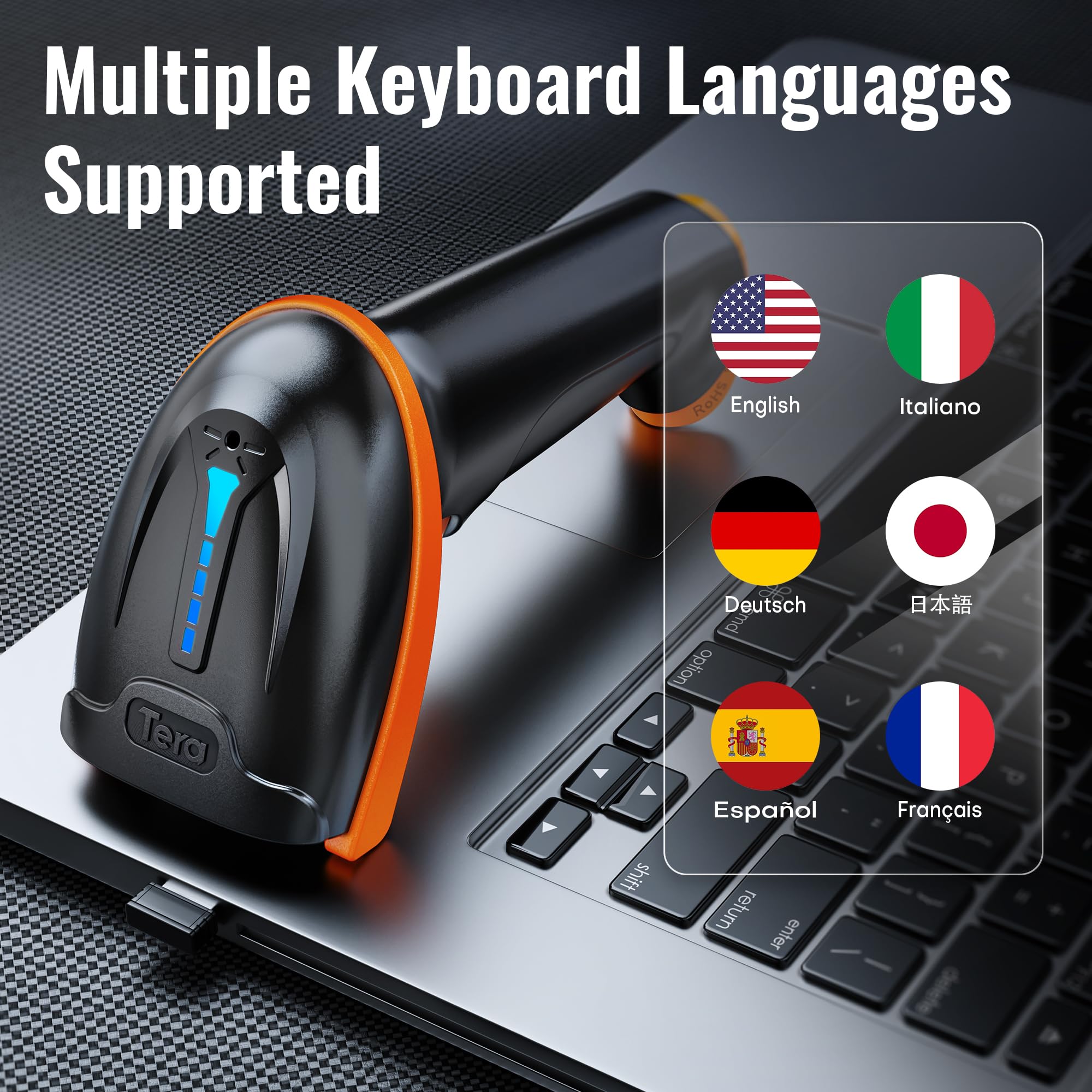 Tera Lettore di codici a barre 1D 2D QR senza fili 2,4 GHz + cavo USB 2,0, lettore di codici a barre con supporto, risoluzione 5 mil, portata 100 m, D5100.