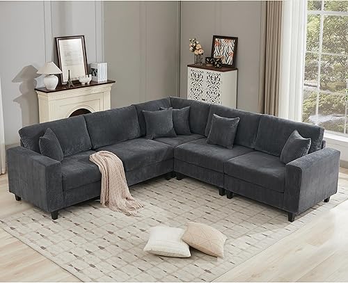 Miniatura 3 de Anwick Sofá modular en forma de L de 117 pulgadas, moderno sofá modular de pana con otomana movible de 5 asientos, sofás seccionales convertibles