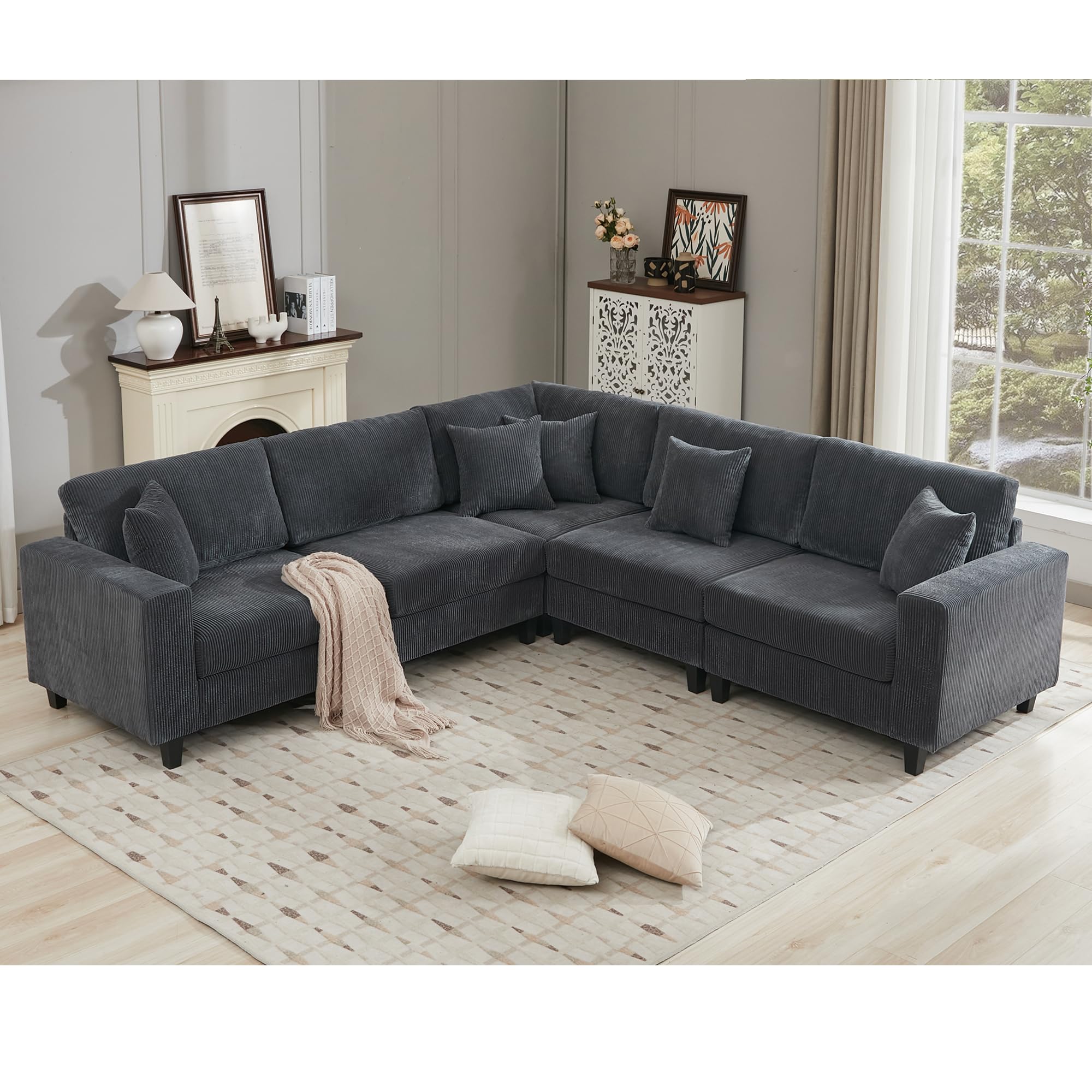 tabary sectional couch, modular sectional sofa, l shaped couch with 5 pillows, sectional couches for living room, oversized couch 5 seater, corduroy couch sofa, grey