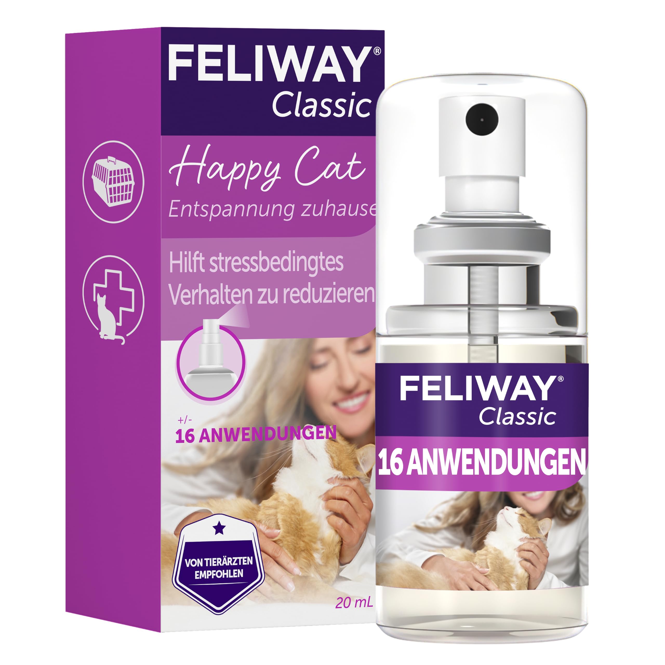 FELIWAY Classic Spray | Pheromone Katzen | 20 ml Spray gegen Stress | Für mehr Entspannung beim Autofahren | Für Zuhause und auf Reisen | 16 Anwendungen | von Tierärzten empfohlen, klinisch getestet