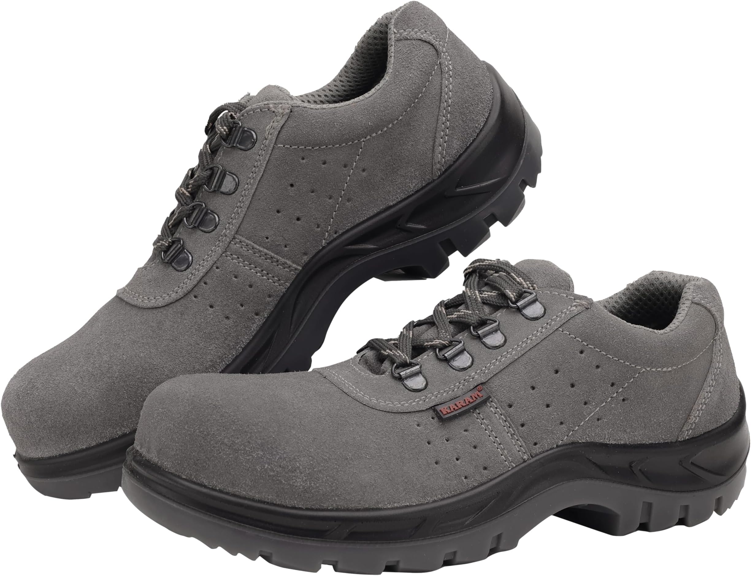 FS64 Suede Grey Leather Safety Shoes for Men | Double Density, Fiber Toe | Black PU Mid Sole,|Antistatic, Antislip, Oil & Heat Resistant | Grey