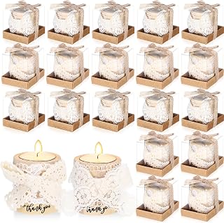 MTLEE 20 Sets Baptism Candle Supplies for Guests Wooden Candle Holders with Tealight Candles Tags and Gift Boxes for Baptism Wedding Party Baby Shower Souvenirs (White 2, Thank You)
