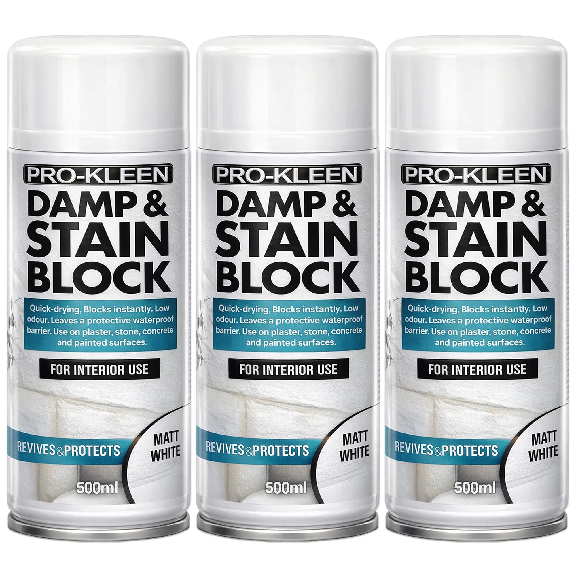 Pro-Kleen White Damp & Stain Block Spray Paint Primer Matt 3 X 500Ml - Covers Damp, Mould, Grease, Nicotine & Rust Stains - For Walls & Ceilings - Leaves A Waterproof Barrier