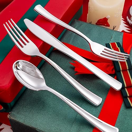 Miniatura 6 de Liacere 200 cubiertos de plástico plateado, cubiertos de plástico plateados, cubiertos de plástico desechables, 100 tenedores de plata, 50 cucharas