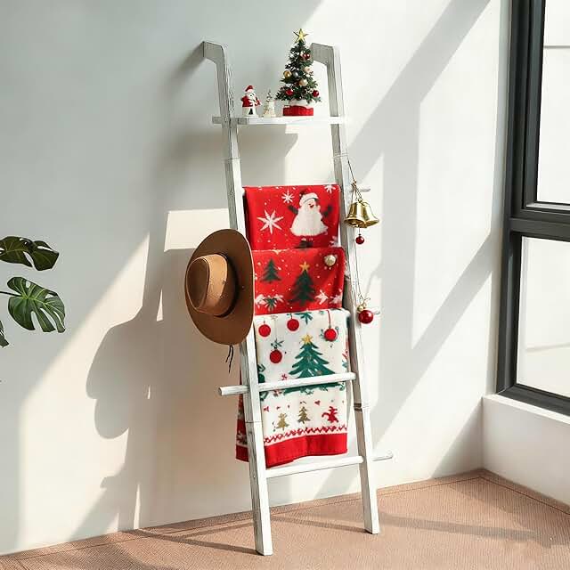 Taozun 67-Inch Farmhouse Blanket Ladder with Shelf and Hooks, 5-Tier Woo...