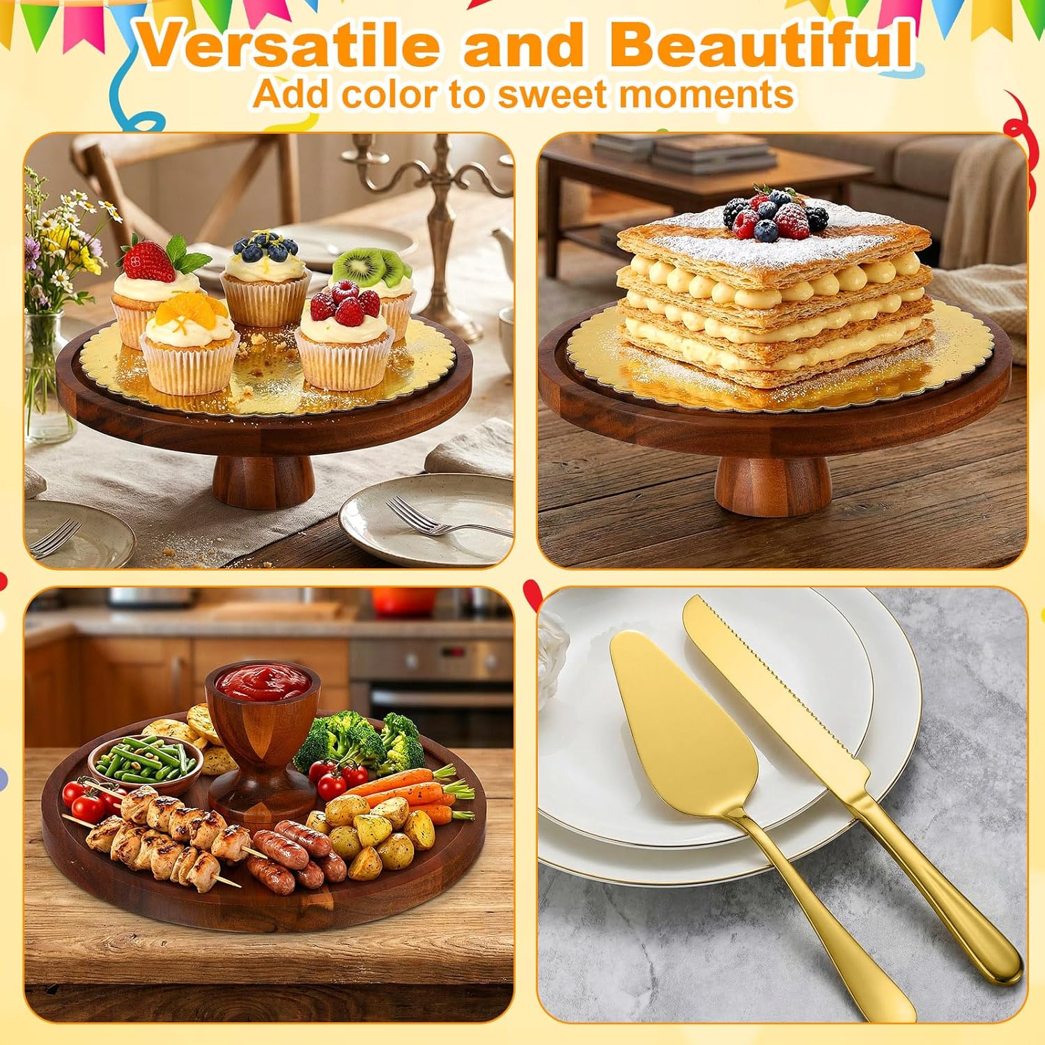 Lallisa Cake Stand with Dome Lid 12", Multifunctional Serving Platter Punch Bowl with Knife, Spatula & 5 Mats, Dessert Table Display for Salad Veggie Fruit Chips(Acacia Wood,Gold, Brown Color)