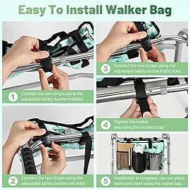 Rhino Valley Walker Bag, Large Capacity Walker Accessories Storage Bag with Multi Pockets & Cup Holder, Walker Basket with 4 pockets for Universal Walkers for Seniors, Green Lily