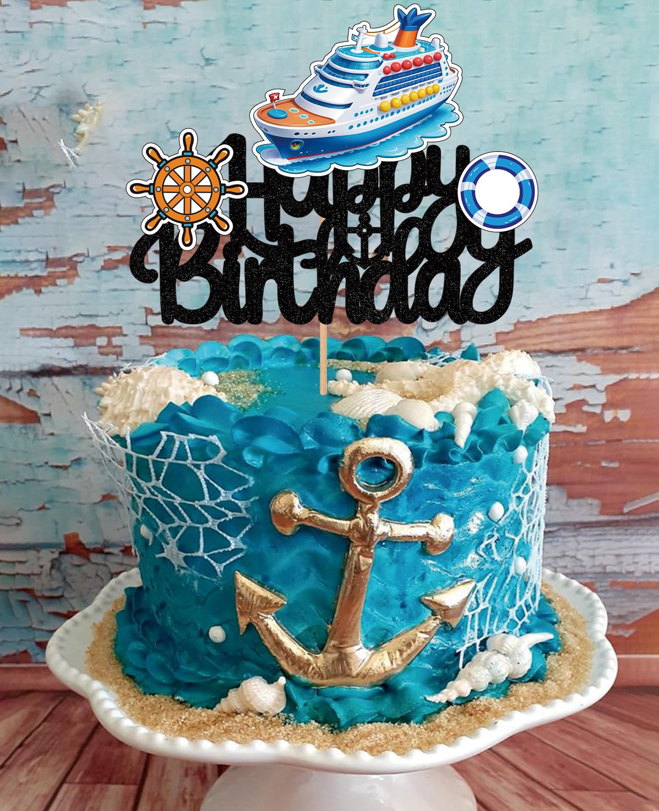 Nautical Ship Happy Birthday Cake Topper Cruise Ship Steamship Boat Decor Anchor Ocean Sailing Baby Sailor Themed Party Decorations Supplies Cruise Decoration Cruise Ship Holiday Boys Girl