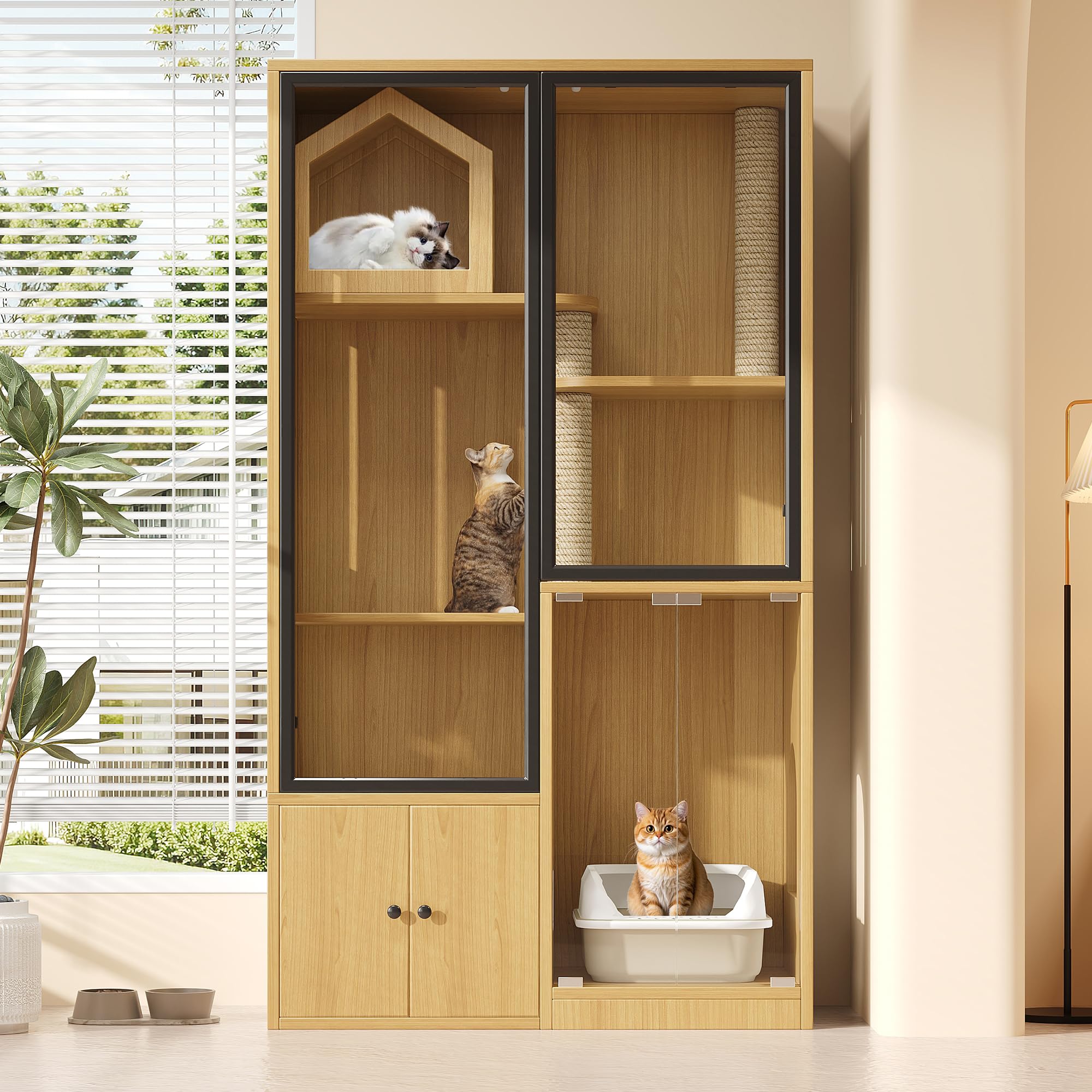 Grande casa per gatti in vetro a 4 piani - Villa per gatti in legno con tiragraffi, resistente alle intemperie e all'inverno - Per interni ed esterni - Colore legno di acero giallo - 90