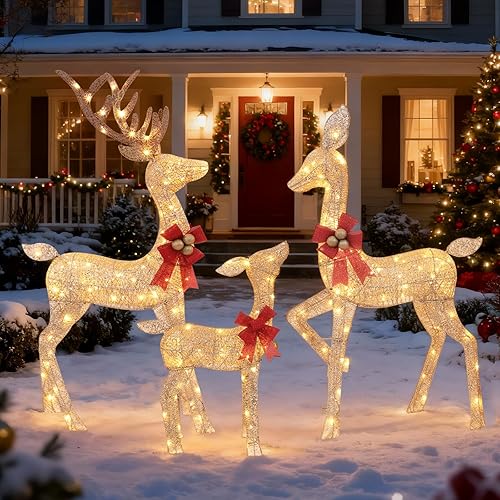 Miniatura 7 de Familia de ciervos navideños iluminados de 3 piezas, 4.5 pies, decoración 3D de renos preiluminados para exteriores con 210 luces LED, exhibición