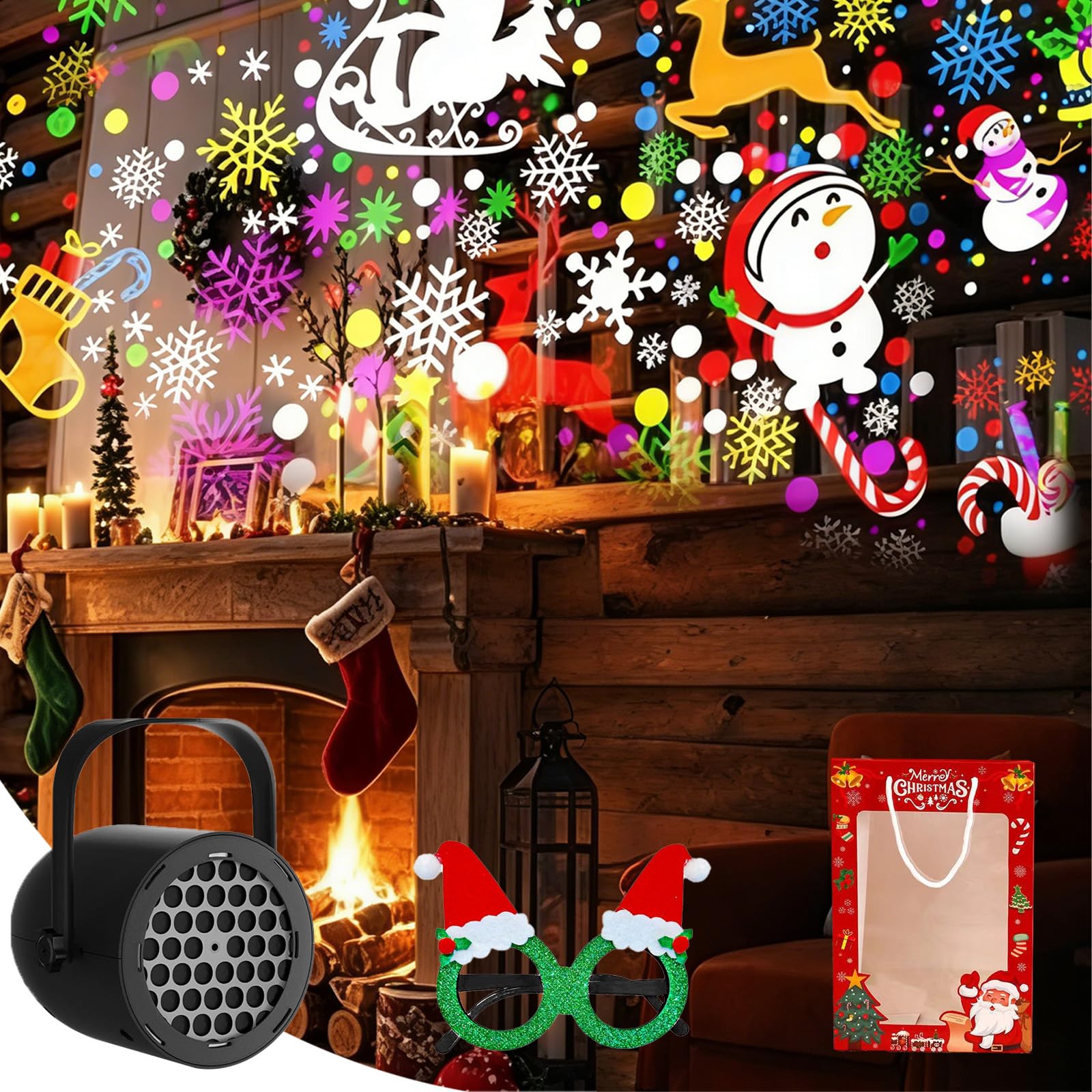 Christmas Projector Light, 16 Slides LED Xmas Projector Lamp, Waterproof Projection Light Snowflake Snowman Christmas Tree Lights for Xmas Party Decorations (Black, Christmas Design)