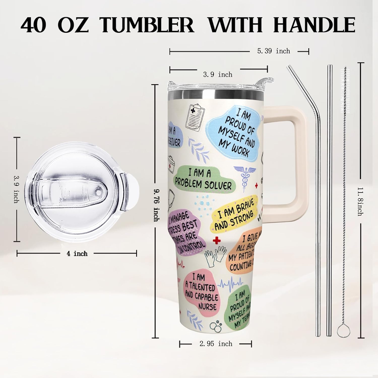 Ceovfoi 40 oz Nurse Tumbler with Handle & Straw, Vacuum Insulated Stainless Steel Water Bottle Affirmation Travel Mug, Nurse Appreciation Gifts, Nurse Week Gifts for Women, RN Gifts for Nurses