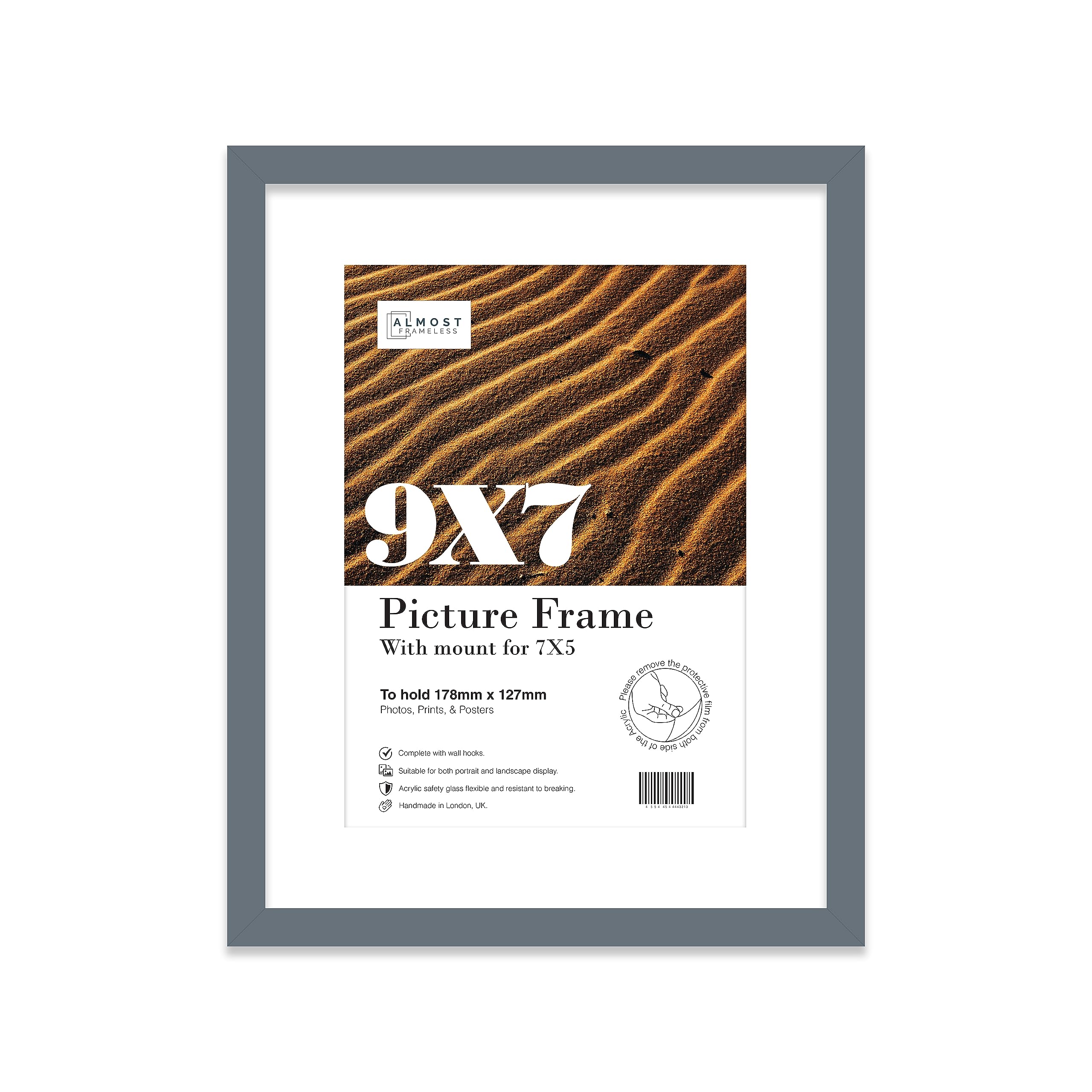 Almost Frameless 9x7 Grey Picture Frame With Mount for 7x5 Print, Poster or Photo Poster, Photo, Artwork, or Print. Thin Edge Slim Frame Portrait and Landscape Display with Wall Hooks