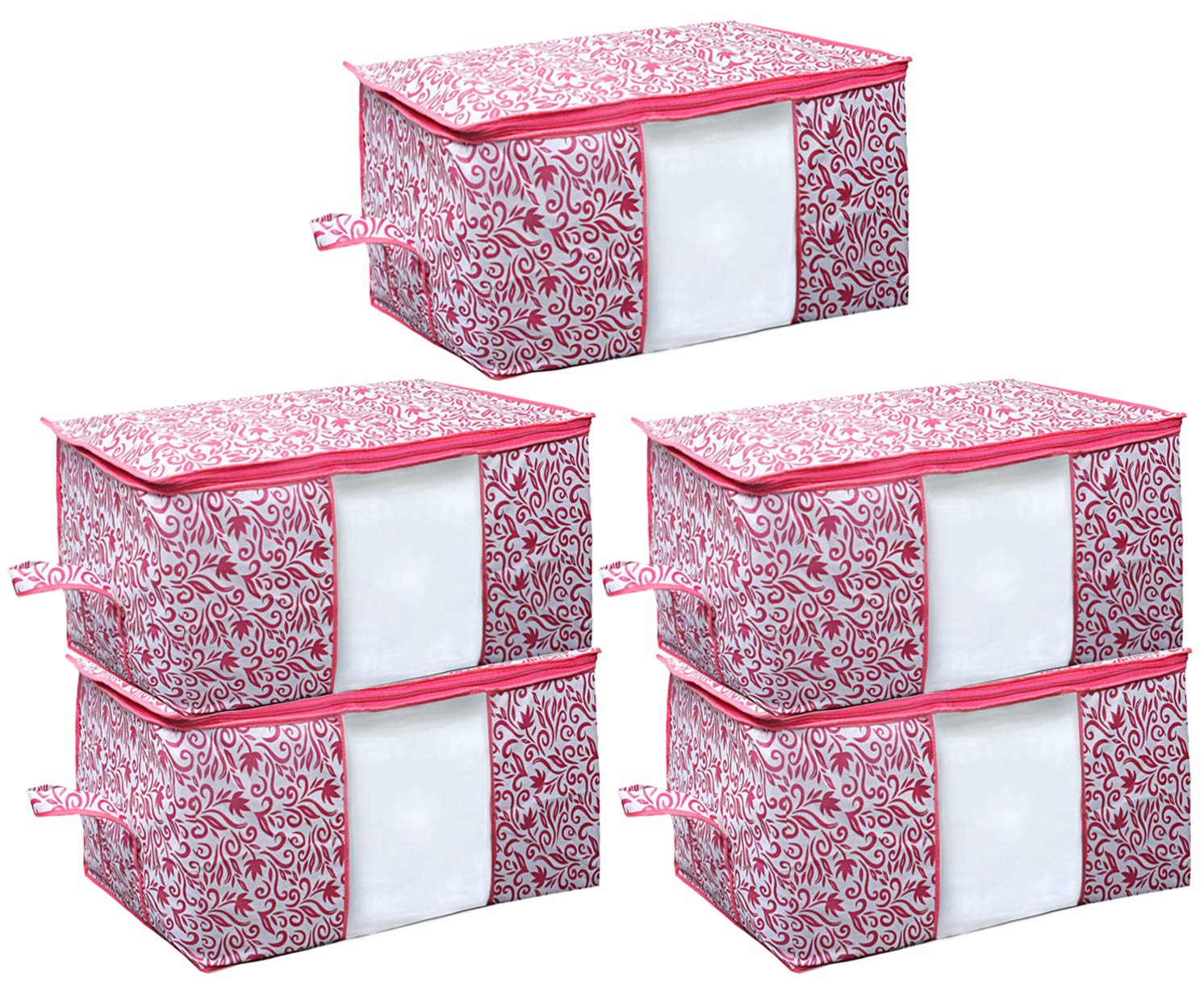 Kuber Industries Leaf Design Non Woven 5 Pieces Underbed Storage Bag, Storage Organiser, Blanket Cover (Pink)-CTKTC025732