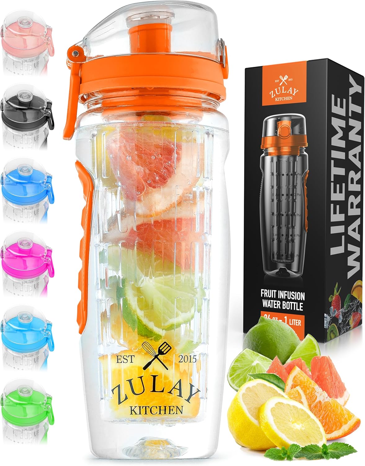 Zulay 34oz Fruit Infuser Water Bottle - Leakproof Full-Length Rod, Time Marker, Durable Tritan - Gym, Hiking, Fitness Gift