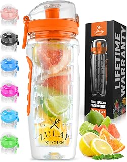 Zulay 34oz Fruit Infuser Water Bottle - Leakproof Full-Length Rod, Time Marker, Durable Tritan - Gym, Hiking, Fitness Gift