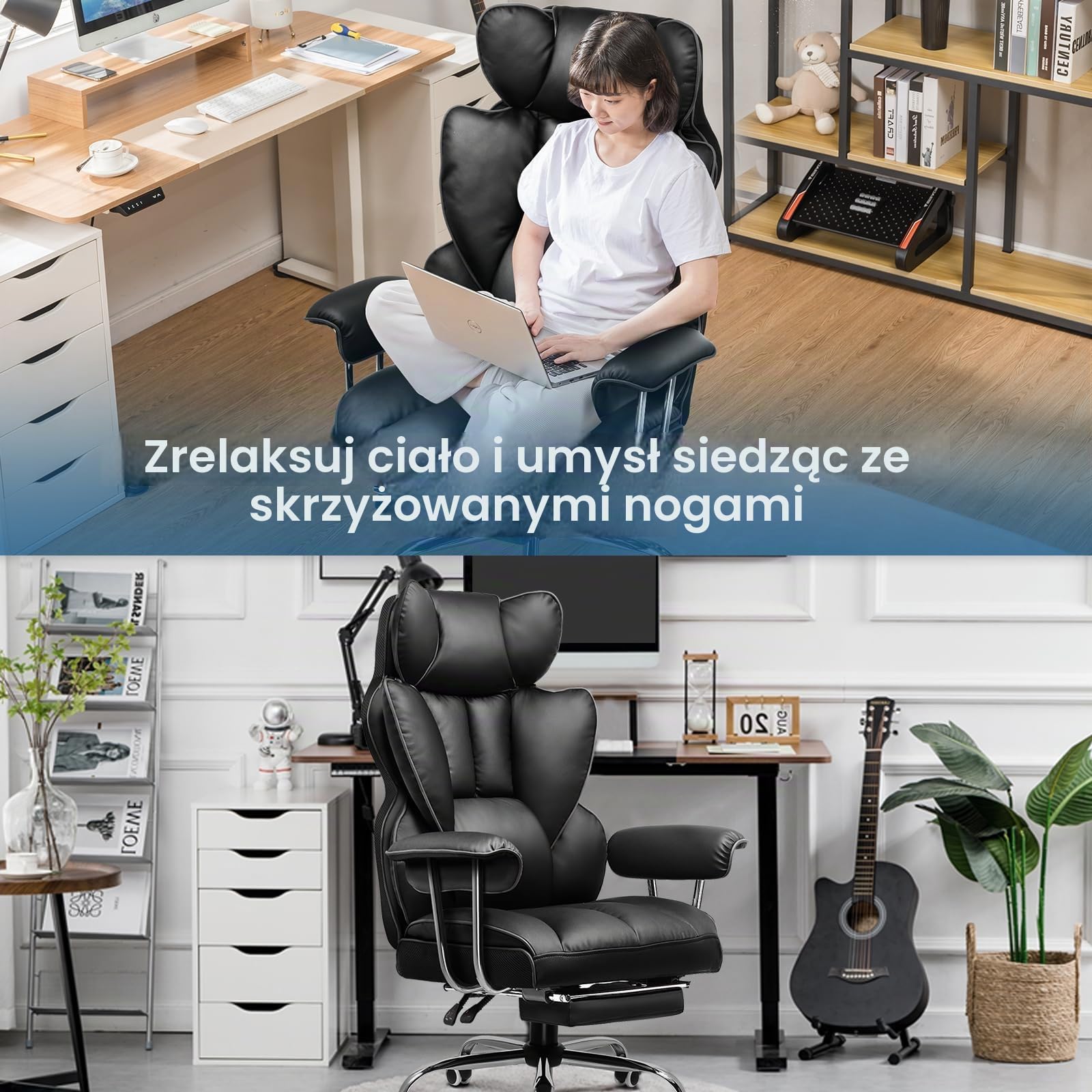 GTPLAYER Fotel gamingowy, ergonomiczny fotel biurowy ze sprężynami lędźwiowymi, szerokie siedzisko z miękkimi podłokietnikami i podnóżkiem, regulacja wysokości, Sztuczna skóra czarny