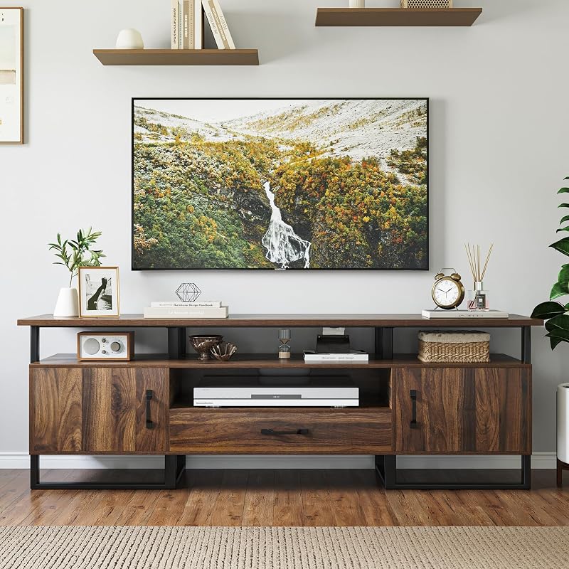 Garvee 70 Inch Industrial TV Stand for TVs Up to 75", Rustic Brown Entertainment Center with Storage, TV Console Media Cabinet for Living Room, Bedroom