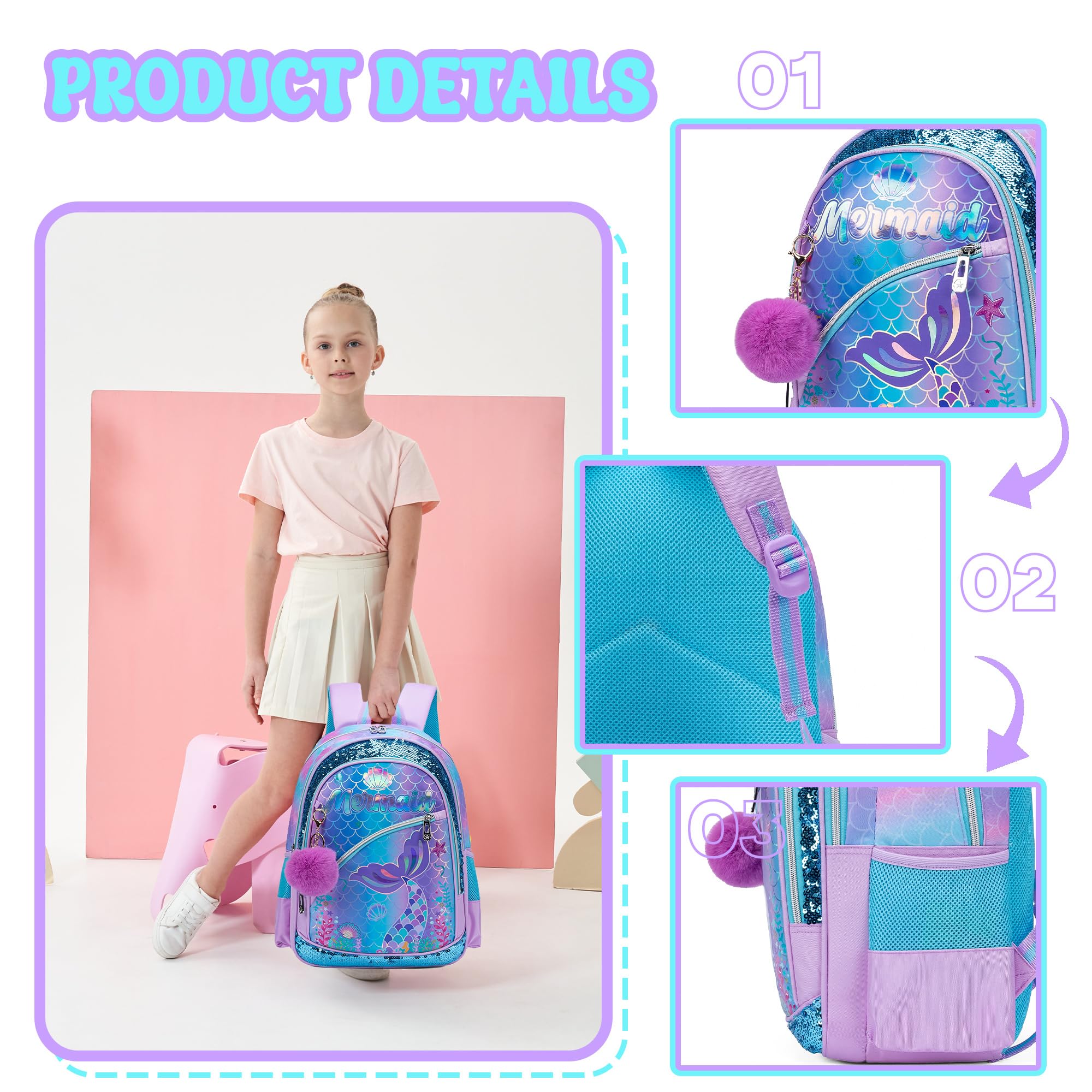 HTgroce 5 Set Valigie per Bambini, Zainetto Bambina, Cuscino per il Collo, Borsa per il Pranzo, Astuccio per Matite, Etichetta, Sirena Valigia con Ruote