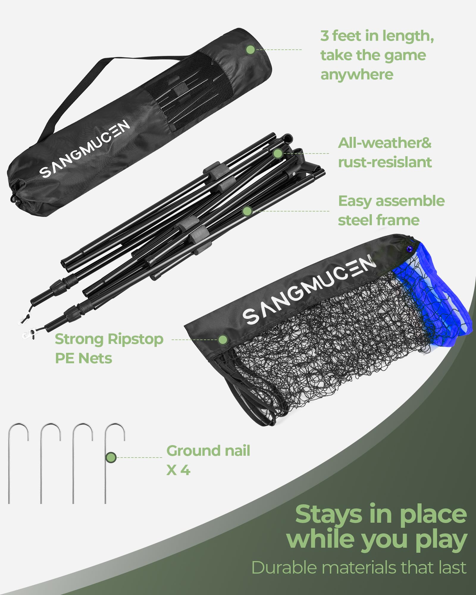SANGMUCEN Set di rete da badminton da 3 m/4 m/5 m, rete da pallavolo all'aperto, regolabile in altezza, portatile, con borsa per il trasporto, rete sportiva ideale per tennis, badminton per bambini o