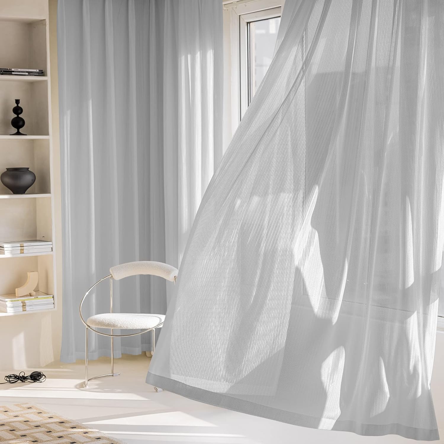Jacquard 2 Panels Sheer Curtains 96 Inches Long, Semi Sheer Grommet Solid Casual Soft Voile Drapes with Light Filter Window Treatments for Bedroom Living Room, Light Gray, 52" W x 96" L