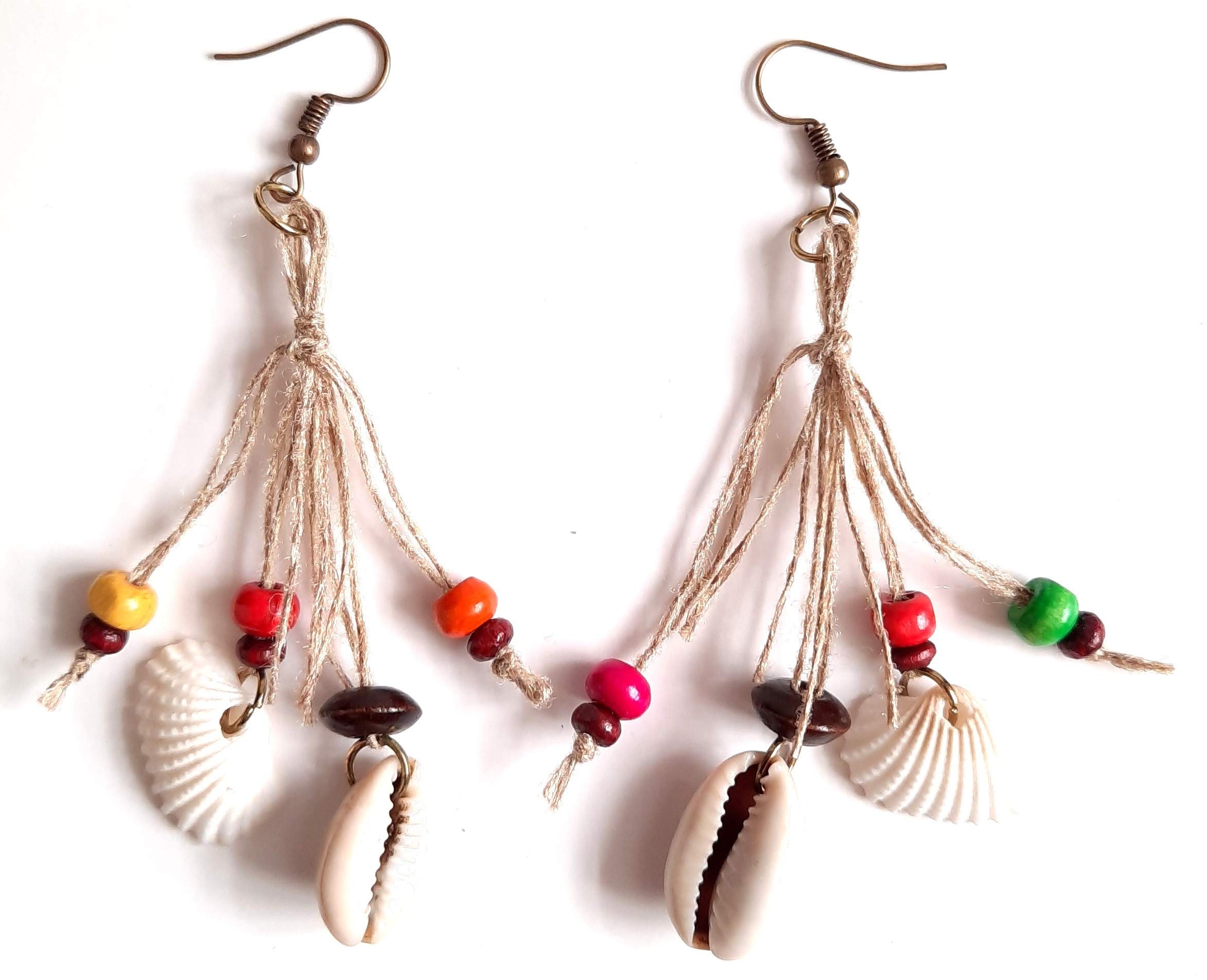 Aayas Creation Girls/Womens Handmade Boho Original Sea shell and Cowrie shell Kodi with Wooden Beads with Fine Jute Unique Antique Bohemian Fringe Thread Earrings (Multicolour) (B08TRL3NQM) Amazon Price History, Amazon Price Tracker