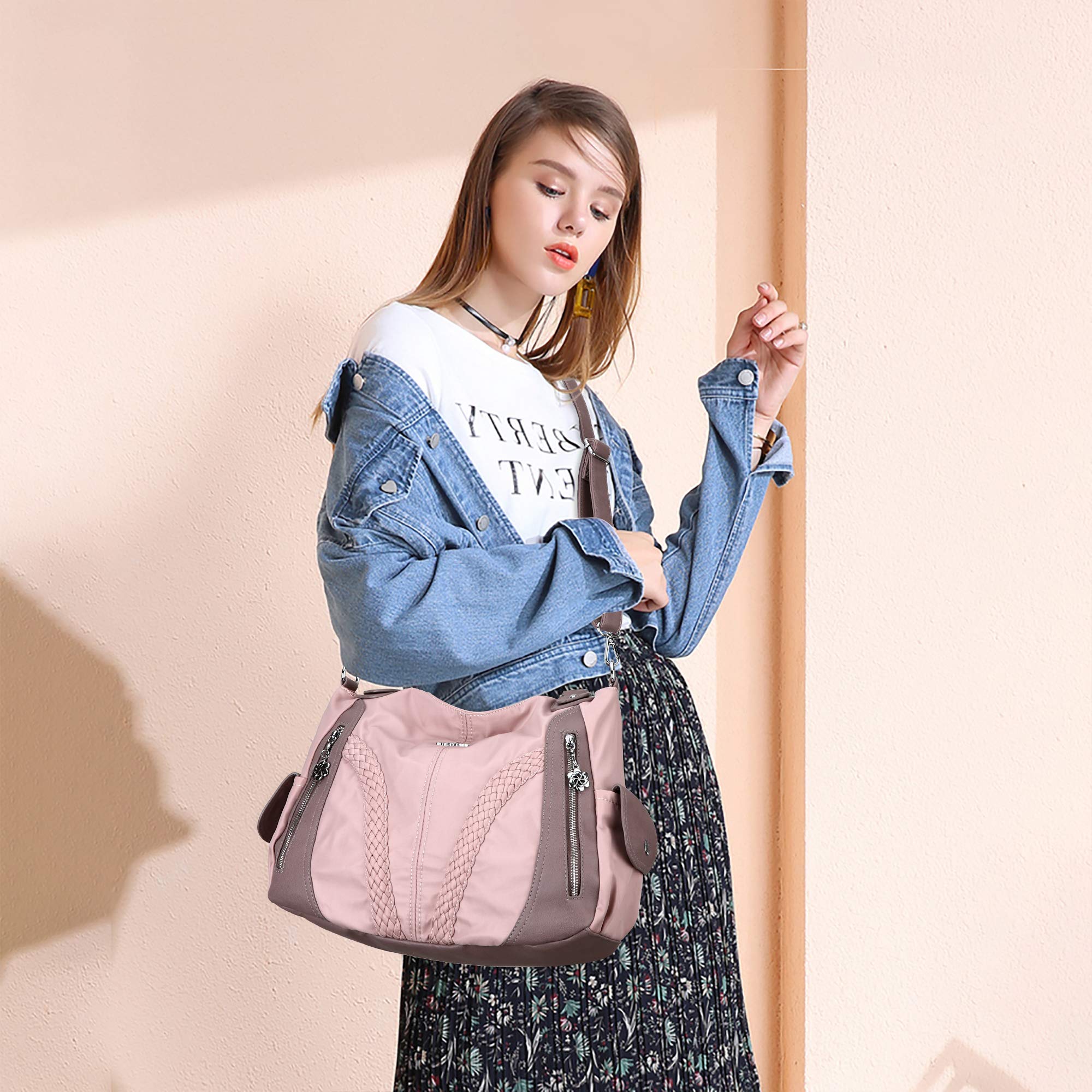 Purses and Handbags Women Fashion Tote Bag Shoulder Bags Top Handle Satchel Purses Washed Synthetic Leather Handbag: 13.8*4.7*11.8 inches Nylon-pink