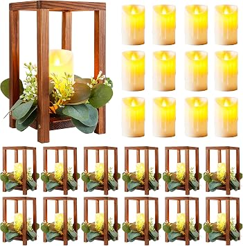 24 Pcs/12 Set Wooden Wedding Lantern Centerpiece Include 12 Lantern Candle Holder 12 Flameless LED Candle for Rustic Wedding Table Party Baby Shower Farmhouse DecorNo Wreathes