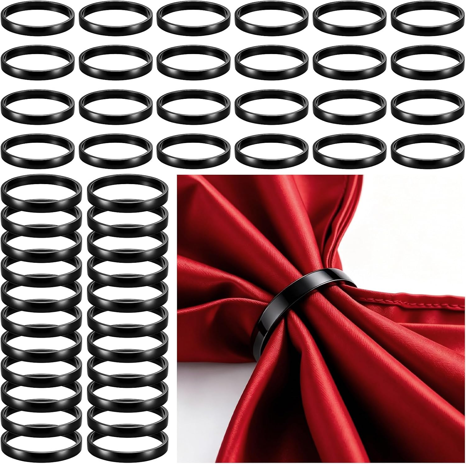 WILLBOND 50 Pcs Black Napkin Rings Bulk Christmas Round Napkin Ring Holders Metal Buckle for Cloth Holiday Dinners Wedding Adornment Home Decorations Party Supplies