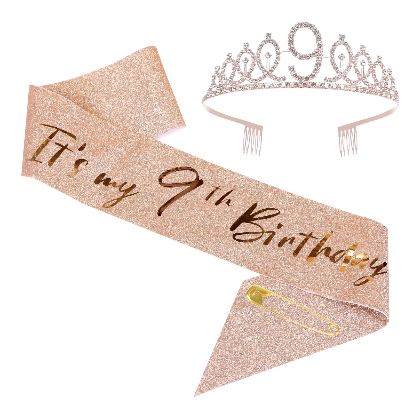 JasperKino 9th Birthday Sash and Tiara Set Rose Gold Birthday Sash Crown Birthday Party Favors Supplies for Girls Birthday Party, Pink