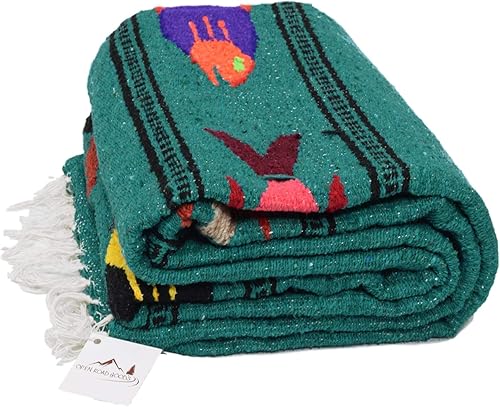 Open Road Goods Manta de yoga mexicana gruesa, diseño de pez serape, hecha a mano (turquesa)