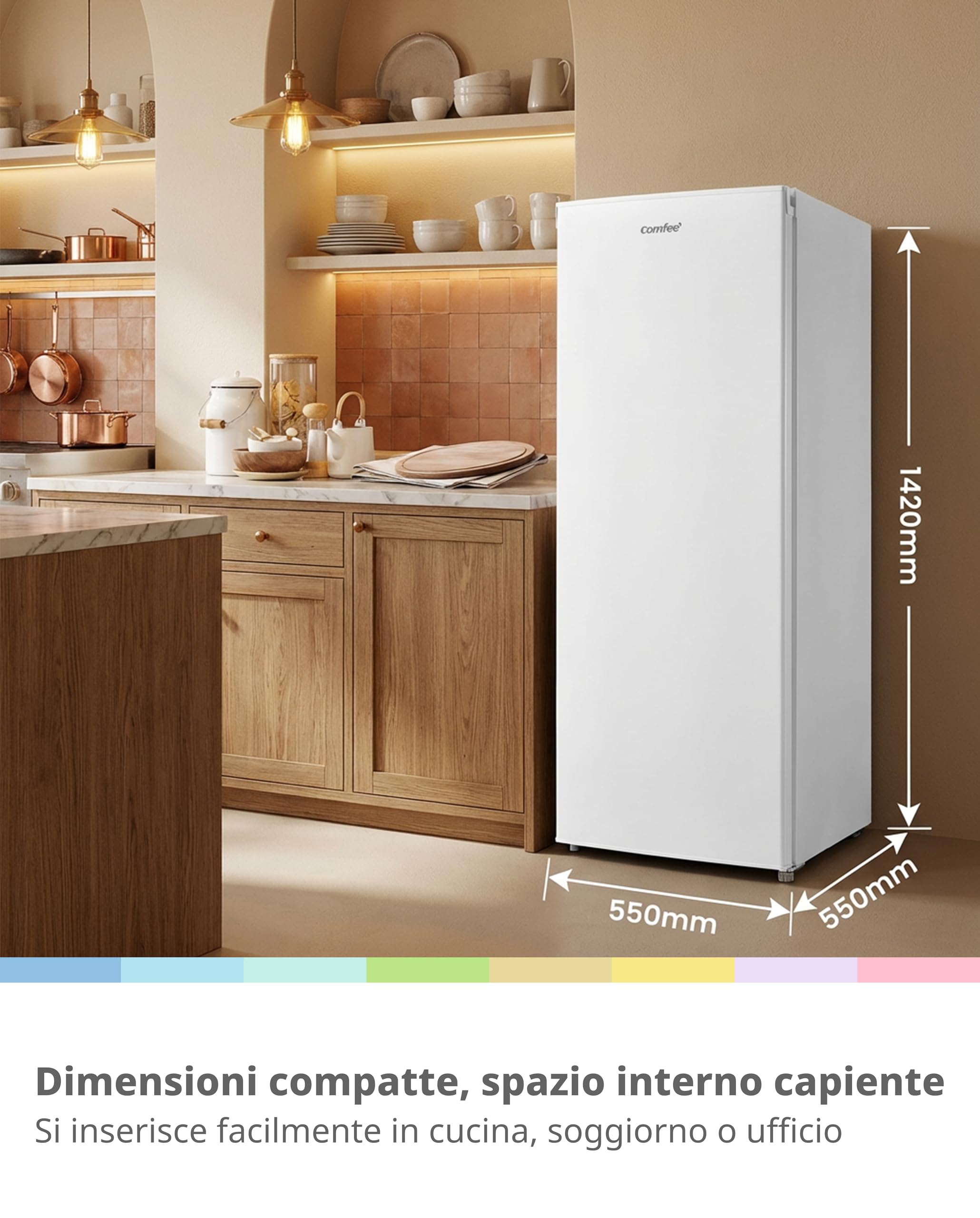 COMFEE' RCD235WH2EU(E) 230L Freestanding Frigorifero, 55x142 cm, Mensola in Vetro Rimovibile, Porta con Cerniera Reversibile, Piedini Regolabili, Bianco
