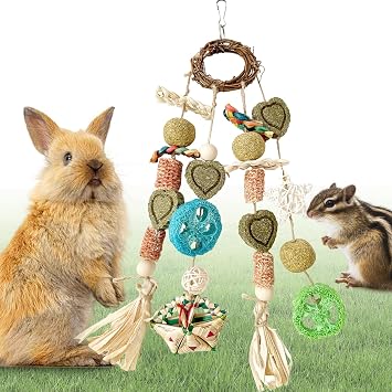 Rabbit Toys for Bunny Boredom, Hanging Rodent Dental Toy with Papaya Stems Sweet Bamboo Hamsters, Chinchillas, Guinea Pigs Part C, Rabbit Rattan Ring