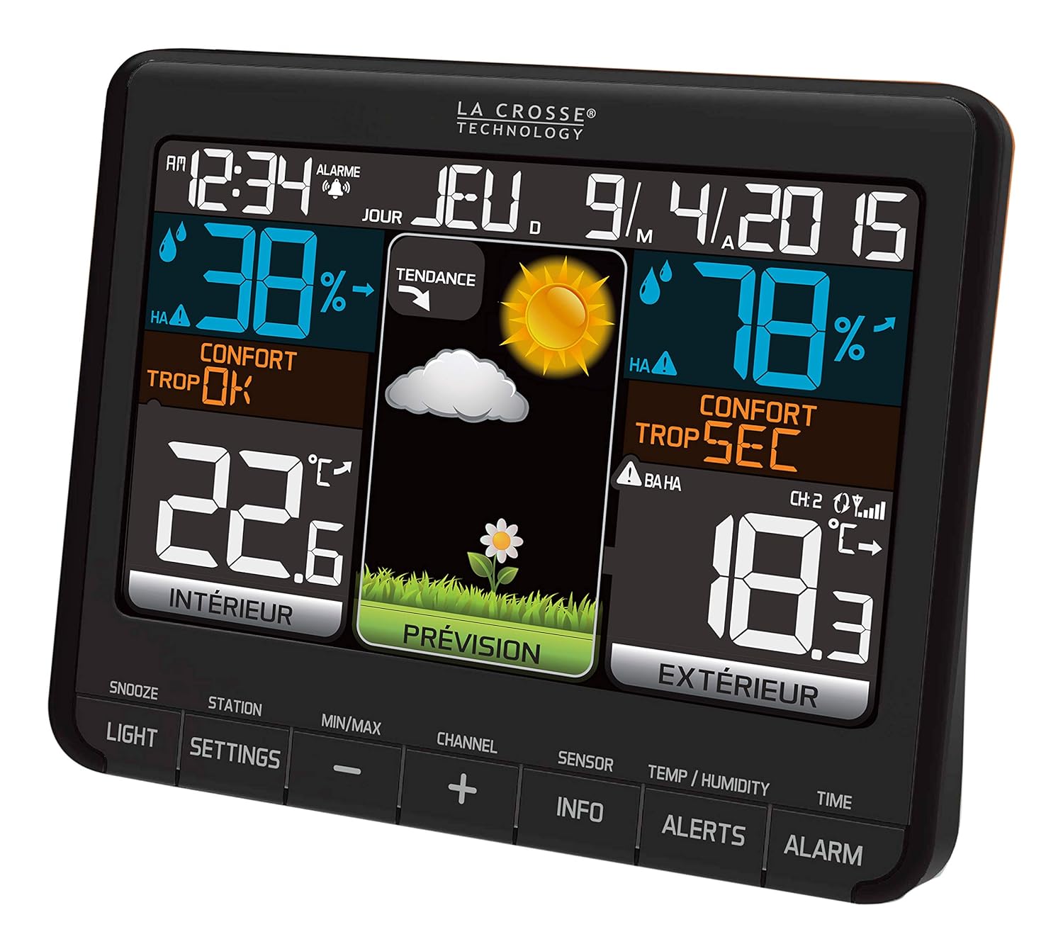 La Crosse Technology WS6825 Color Weather Station display showing time, date, indoor and outdoor temperature and humidity, and weather forecast icons