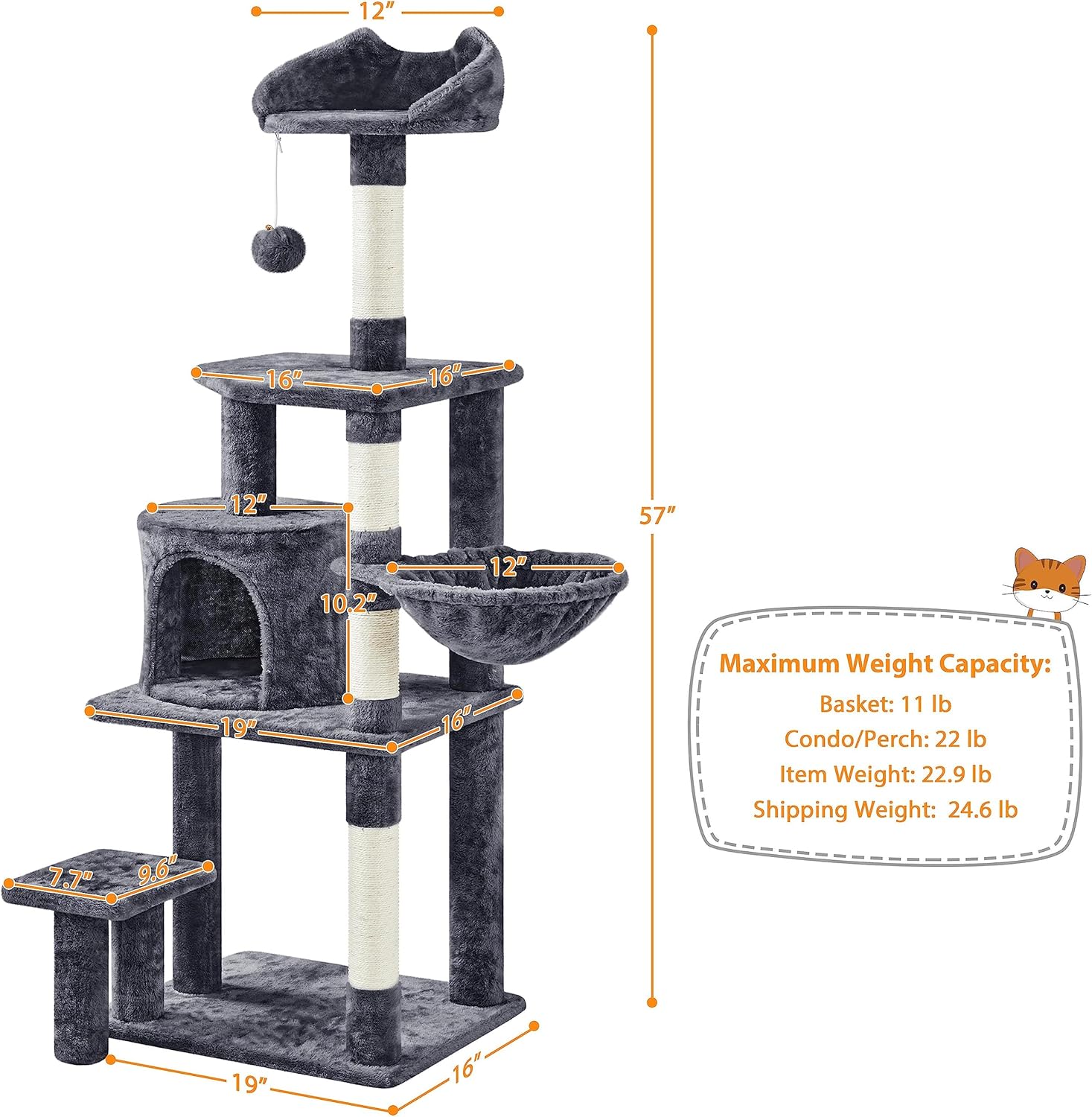 Topeakmart Cat Tree 57in, Multi Level Cat Tower with Basket & Condo & Scratching Post & Padded Perch & Extended Platform & Fur Ball