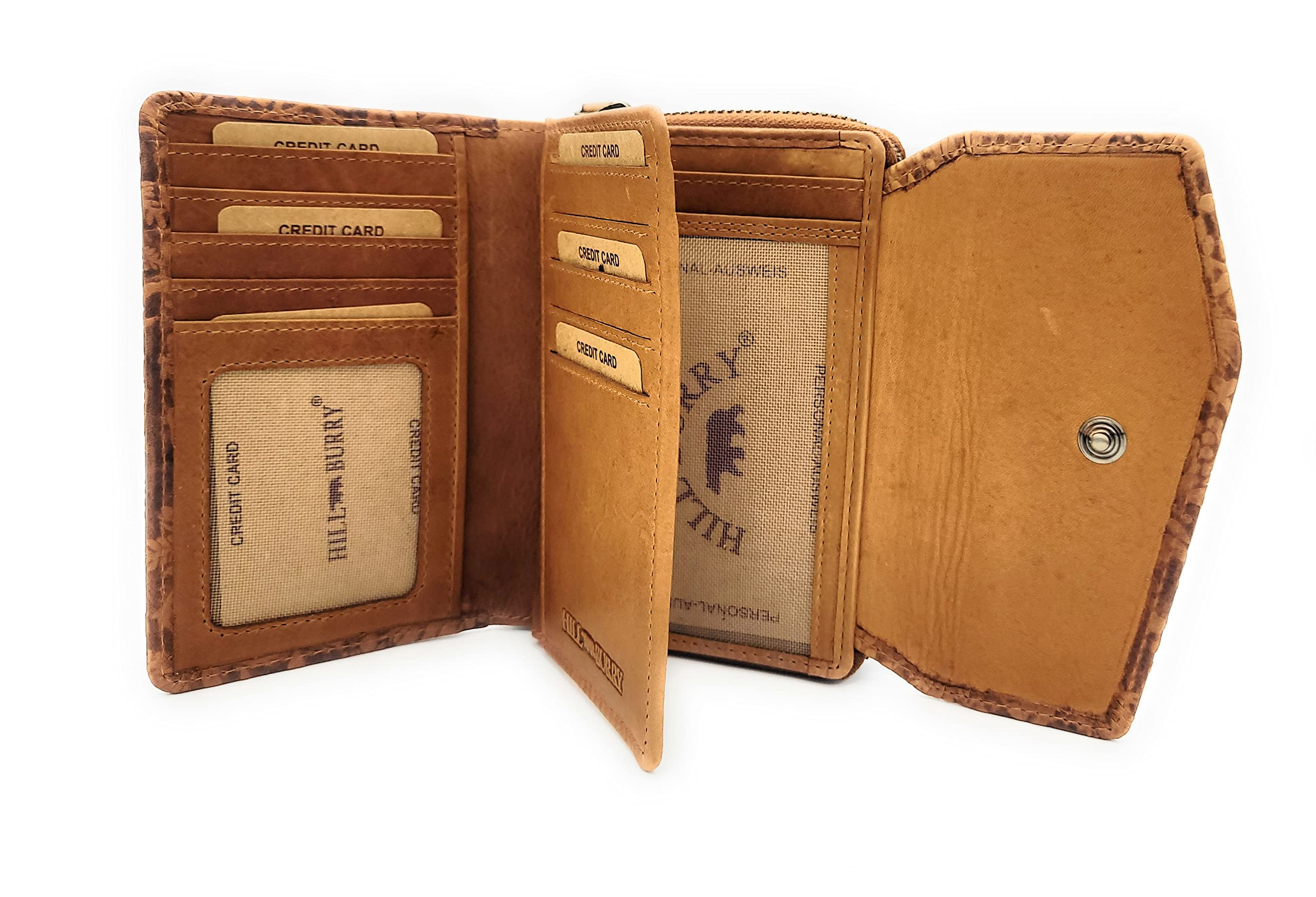 Hill Burry - Cartera de piel auténtica para mujer, con protección RFID / NFC, diseño floral, marrón, small, Monedero