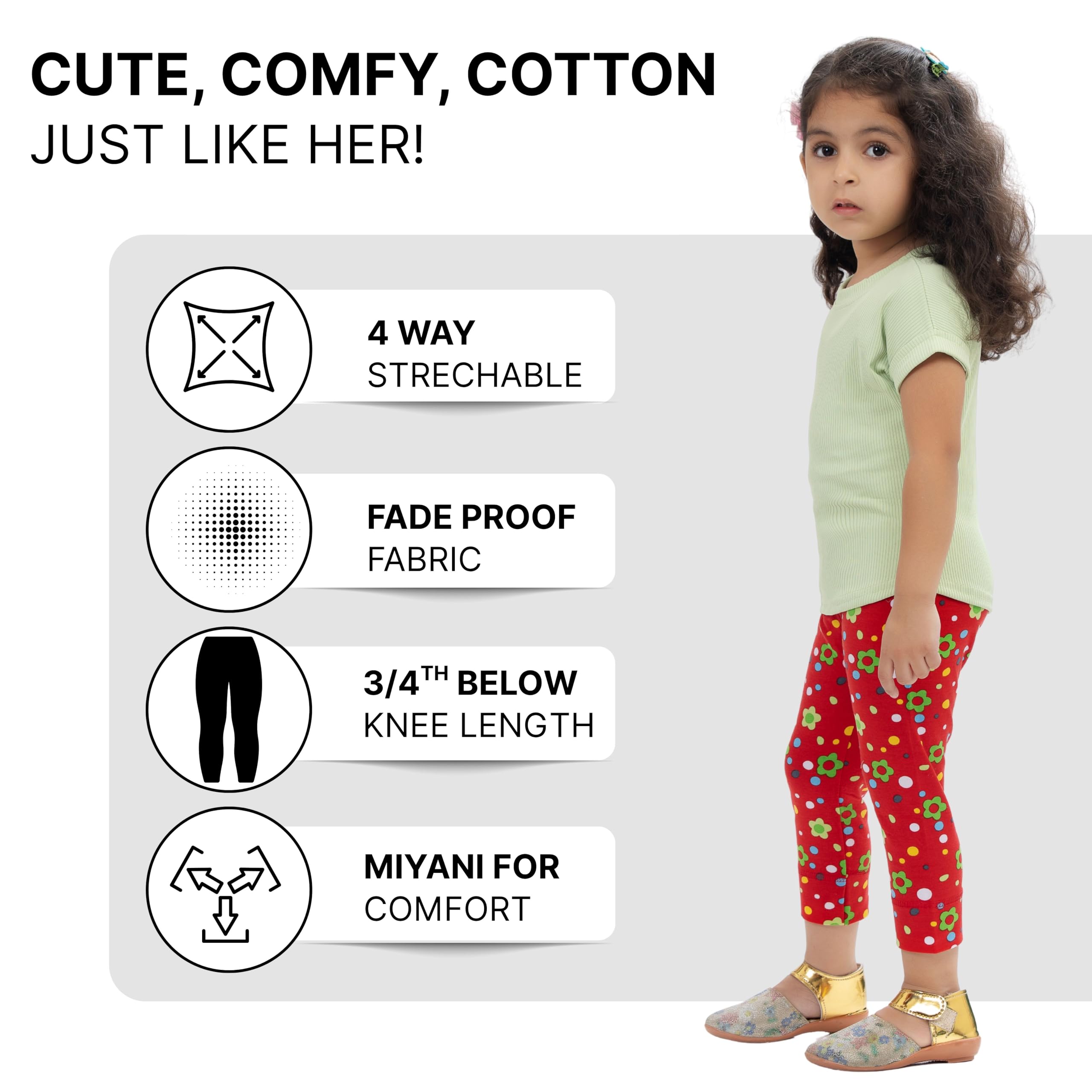 comfycute Pure Cotton Capri for Girls Kids | Stretchable Non-Transparent Soft & Comfortable, Breathable Skin-Friendly, Regular Fit, Bottom Wear for Daily Use - Image 4 thumbnail