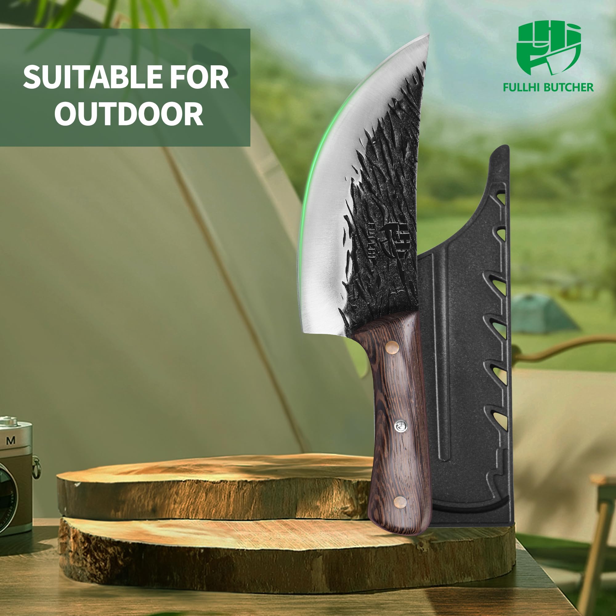 FULLHI Manico in legno Mannaia per carne pesante con fodero 2 pezzi, affettatrice in acciaio ad alto tenore di carbonio per la casa, il campeggio e il barbecue (Marrone, 17cm)
