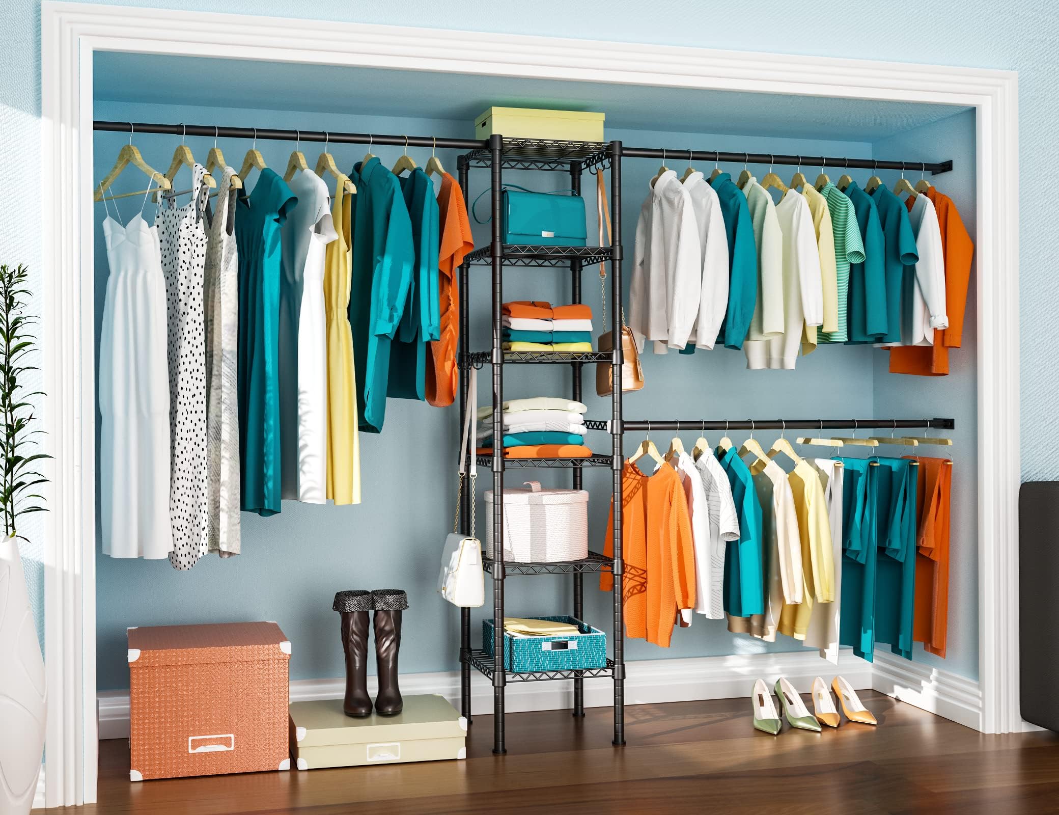 Ulif M1 Closet Storage Organizer System, 6 Tiers Heavy Duty Metal Garment Rack with 3 Expandable Hanger Rods, Wall Mounted Space Saver Suits from 5.4-8.7 ft. Width, 71.2”H x 14”D, 700LBS, Black