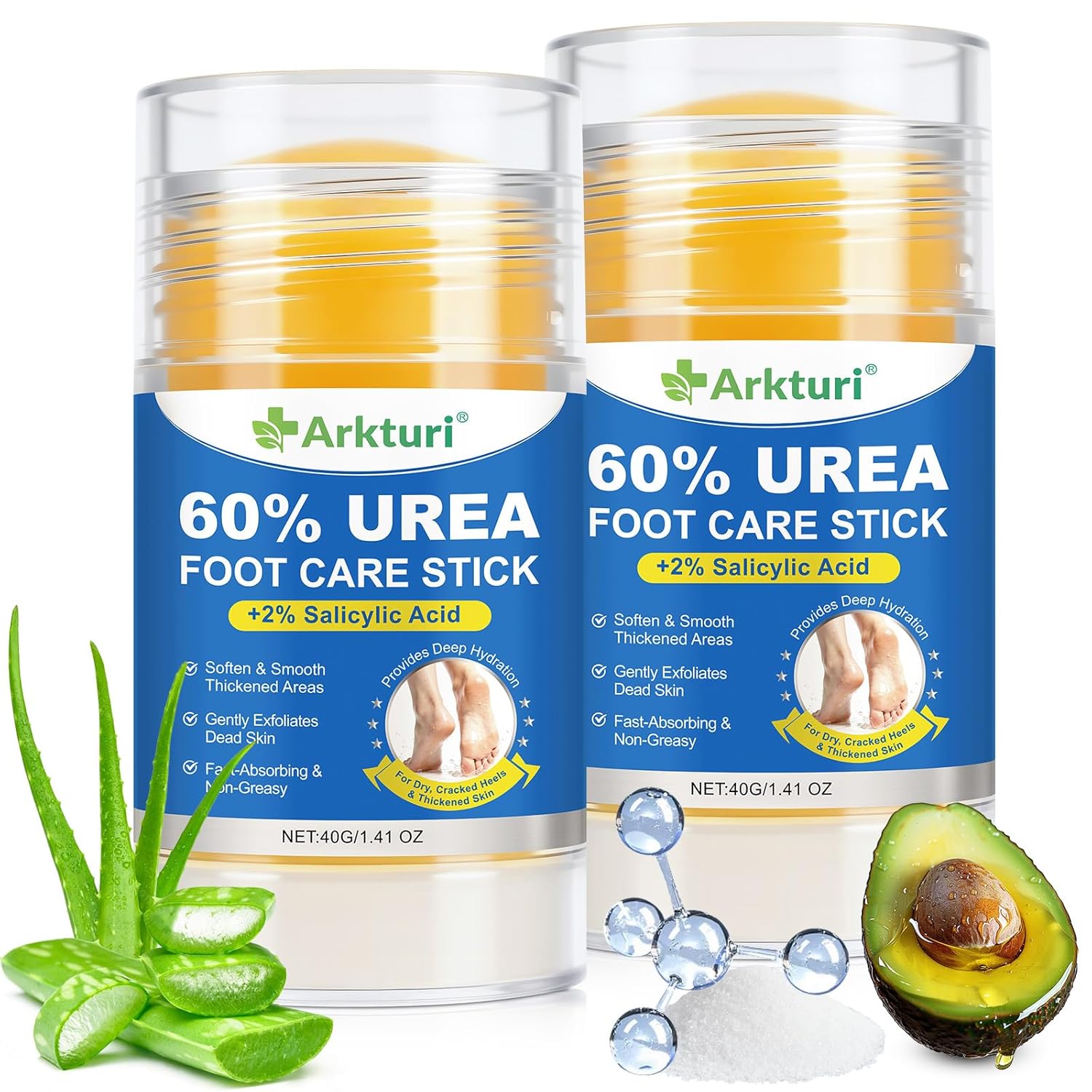 ABOUME 60% Urea Foot Care Stick with 2% Salicylic Acid, Urea Foot Cream for Dry Cracked Feet, Knees, Elbows, Avoid Frostbite, Heel Balm for Callus Remover & Dead Skin Softener (2PCS)