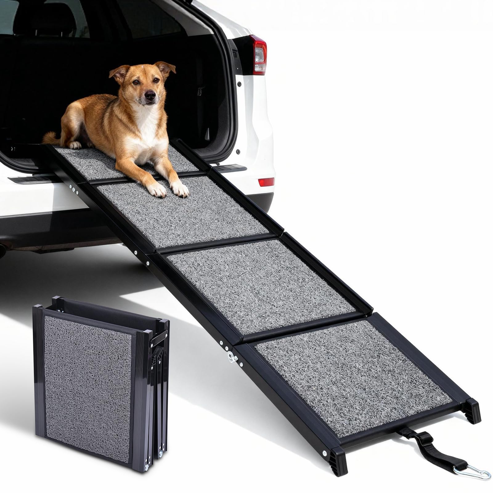 Rampa para Perros, 170x44 cm Coche Plegable,Soporta hasta 70kg Rampa de Aluminio Antideslizante con Superficie de PVC para SUV Camas Altas y Escaleras para Perros Portátil Negro