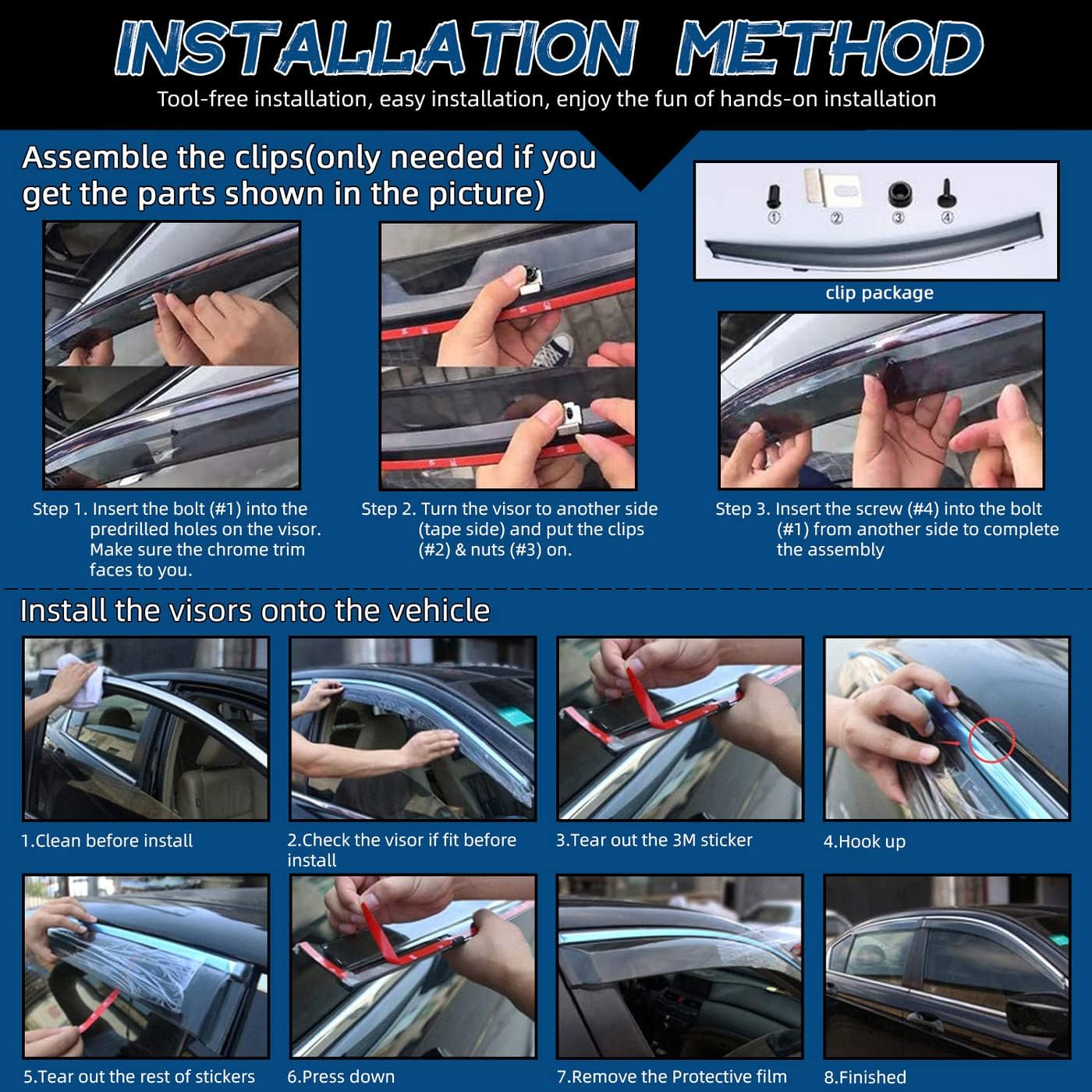 Window Visors Compatible with 11-15 Optima 4pcs Smoke Tint with Chrome Trim Outside Mount Tape On/Clip On Style PVC Sun Rain Guard Vent