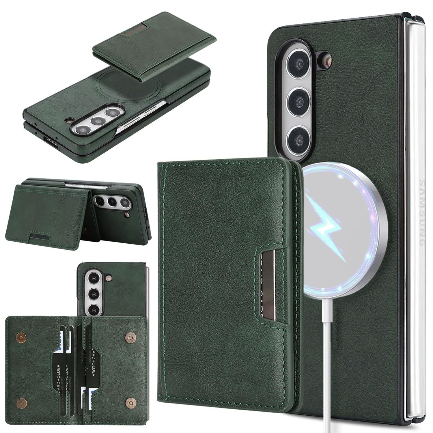 Generic Custodia compatibile con Samsung Galaxy Z Fold 8 Ultra (colore: verde) in pelle con retro magnetico portafoglio rimovibile flip stand custodia