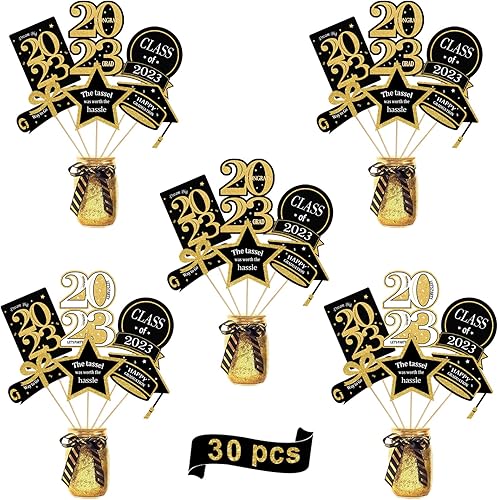Suministros para fiesta de graduación 2023 paquete de 30 palos de centro de mesa de graduación negros y dorados suministros de fiesta de clase 2023