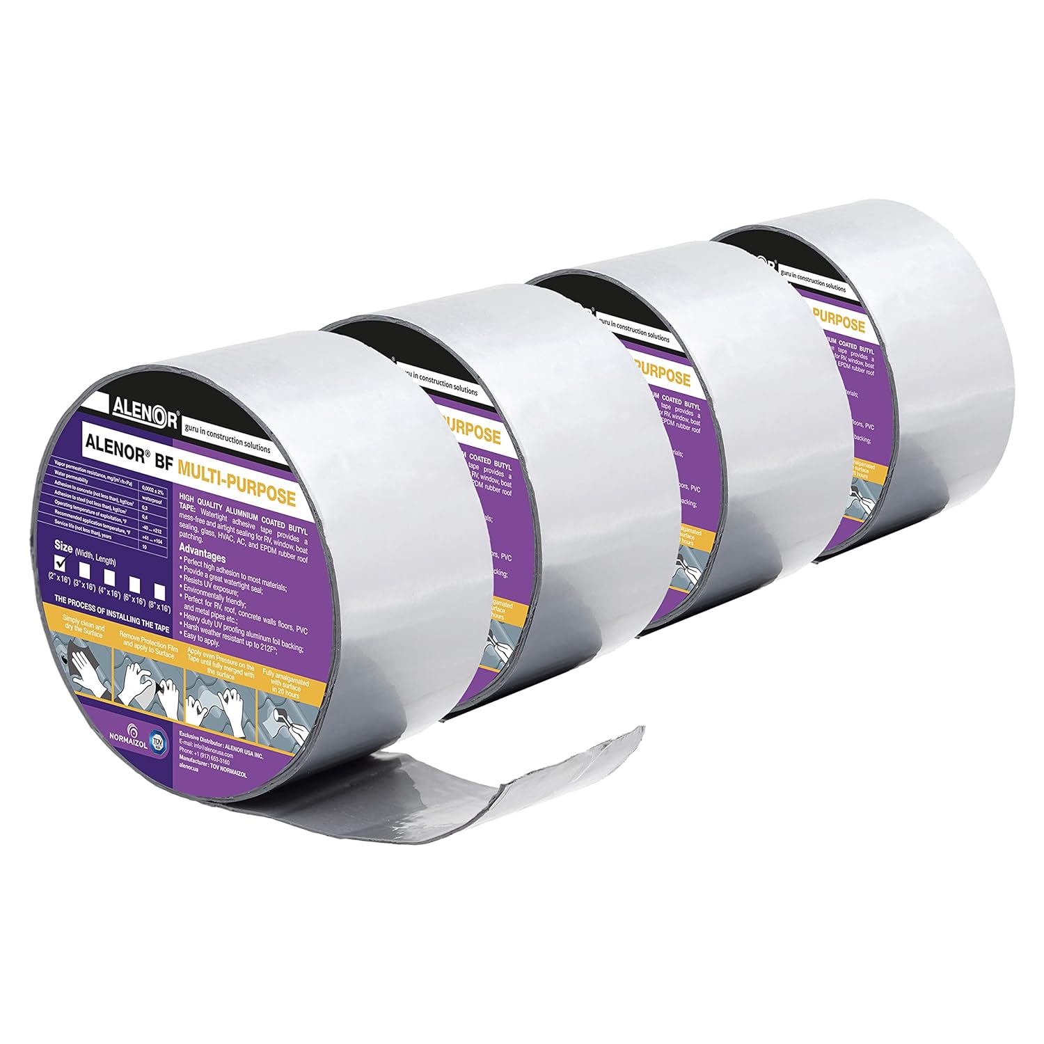 Alenor Butyl Rubber Aluminum Tape 2" inch W x 16 Feet 4 Pack - Wall Crack Roof Leaks Waterproof Heat Resistant Tape - Perfect for Sealing Patching Hot Cold Air Ducts - Wood Metal Plastic Glass Repair