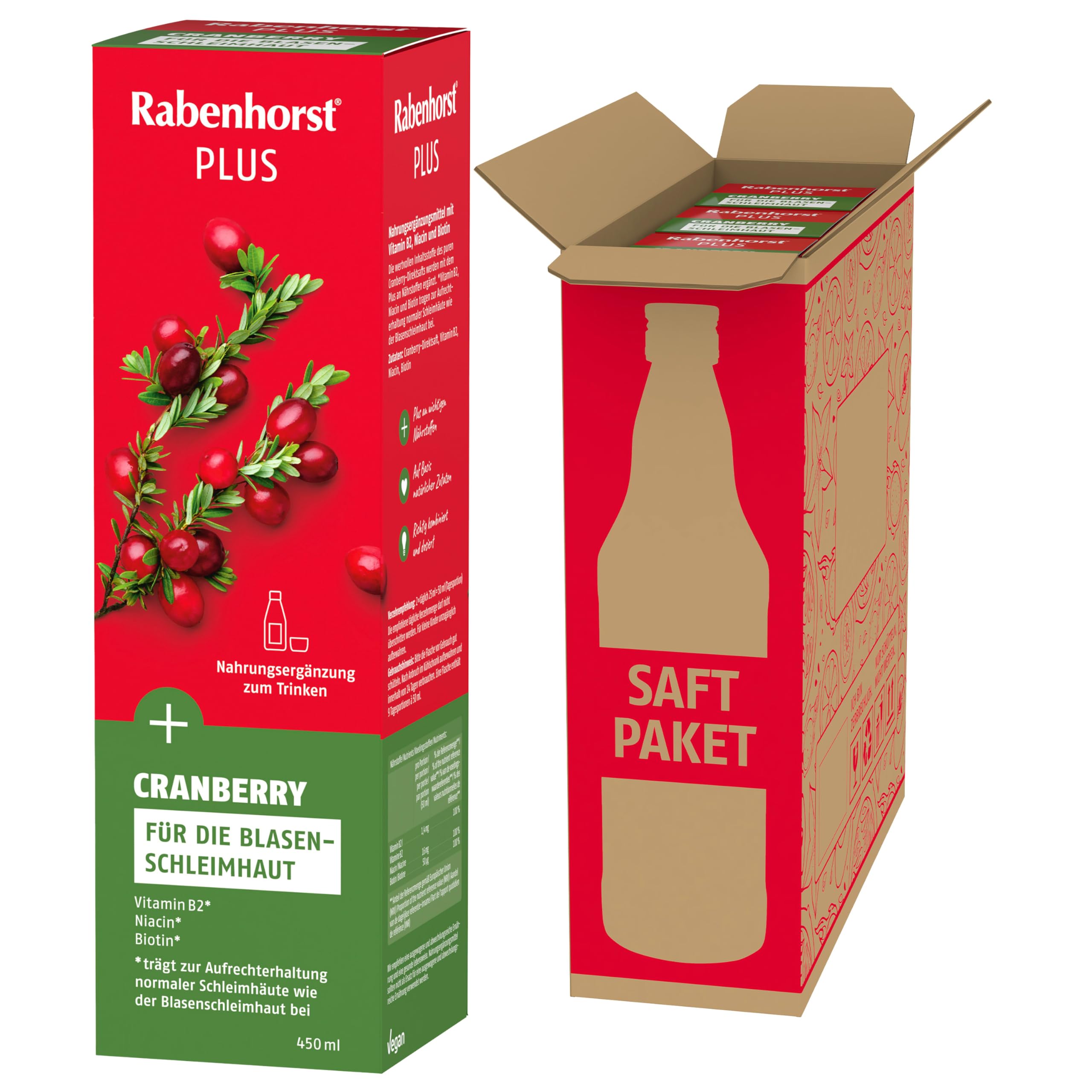 Rabenhorst Cranberry Plus 3er Pack (3 x 450 ml) - Nahrungsergänzungsmittel mit Vitamin B2, Niacin und Biotin