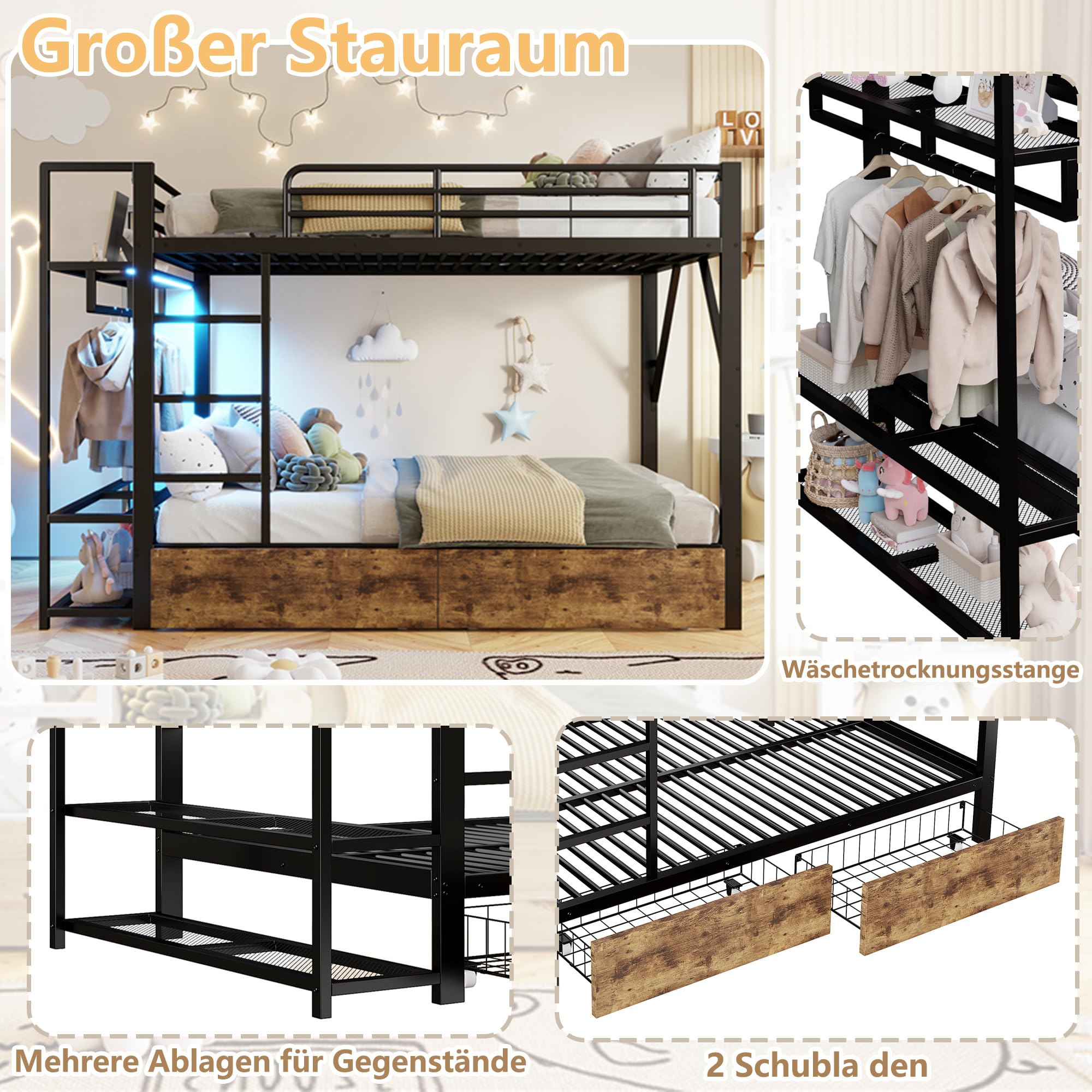 Letto a castello, 140 x 200 cm, telaio in ferro, 2 cassetti, ripiani multipli, con asta, materasso non incluso (nero)