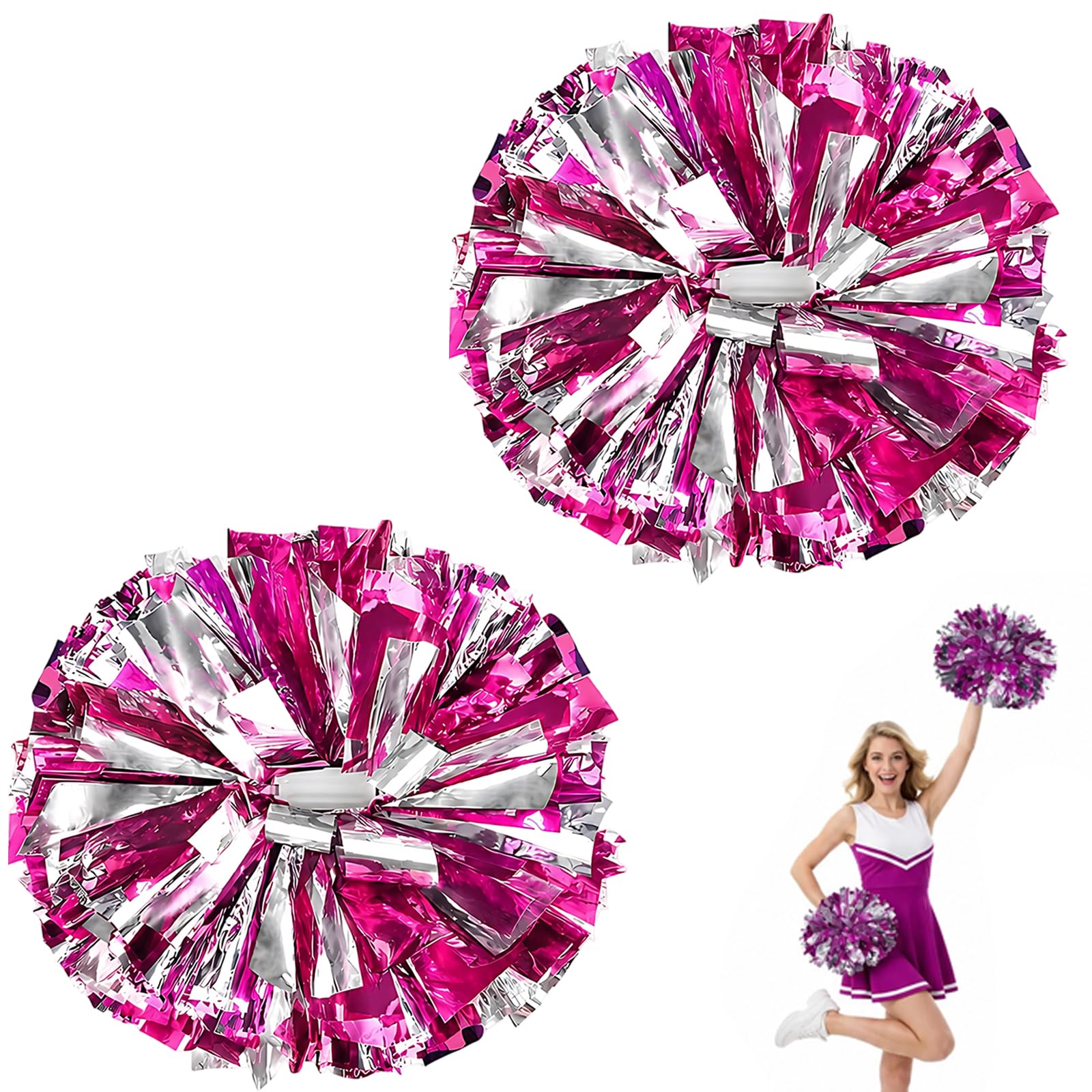 2PCS Cheerleading Set, Ring Style Cheerleader Pom Poms in Rose Red and Grey, Pompoms Cheerleading 30 cm for Dance and Events